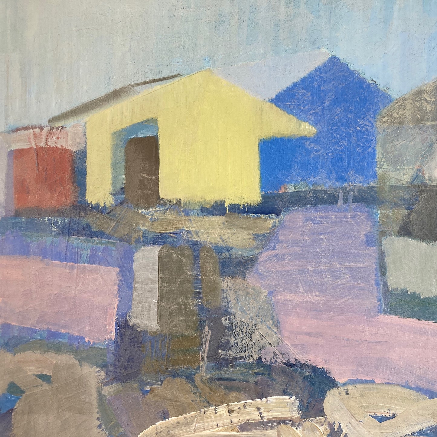 Coastal Houses - Mid Century Modern Swedish Oil on Canvas Painting Dated 1955