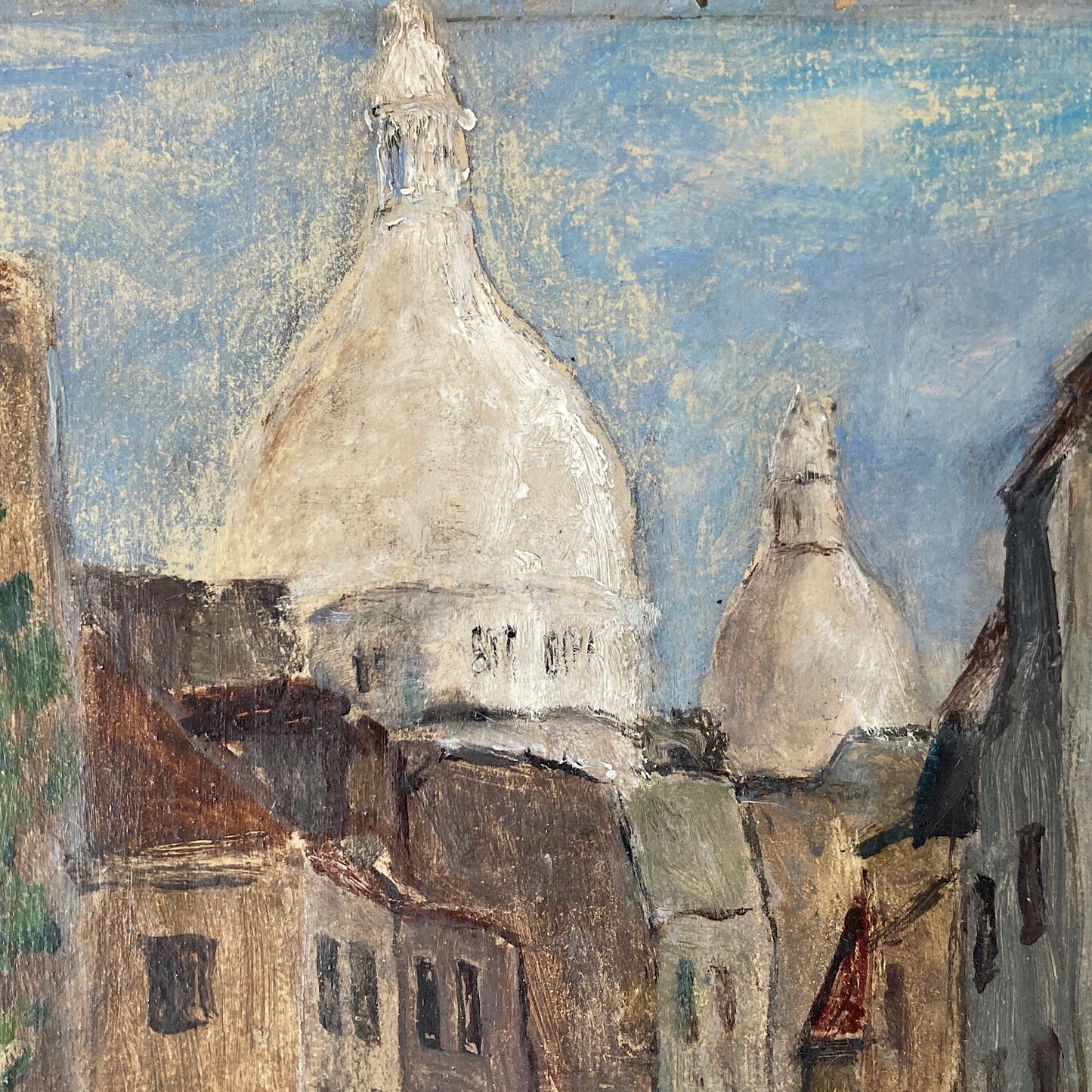 Small Vintage Paris Painting - Original Oil on Board Original Painting of a Paris Street in Monmartre with the Sacre Coeur