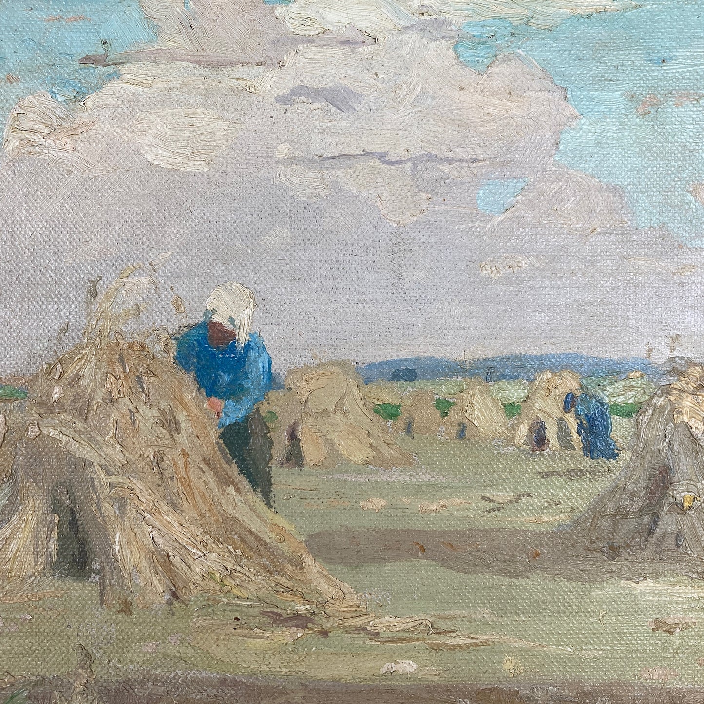 Impressionist Landscape - Antique Oil Impressionist Painting of a Sunlit Meadow at Harvest Time by R. Löschke (1887-1920)