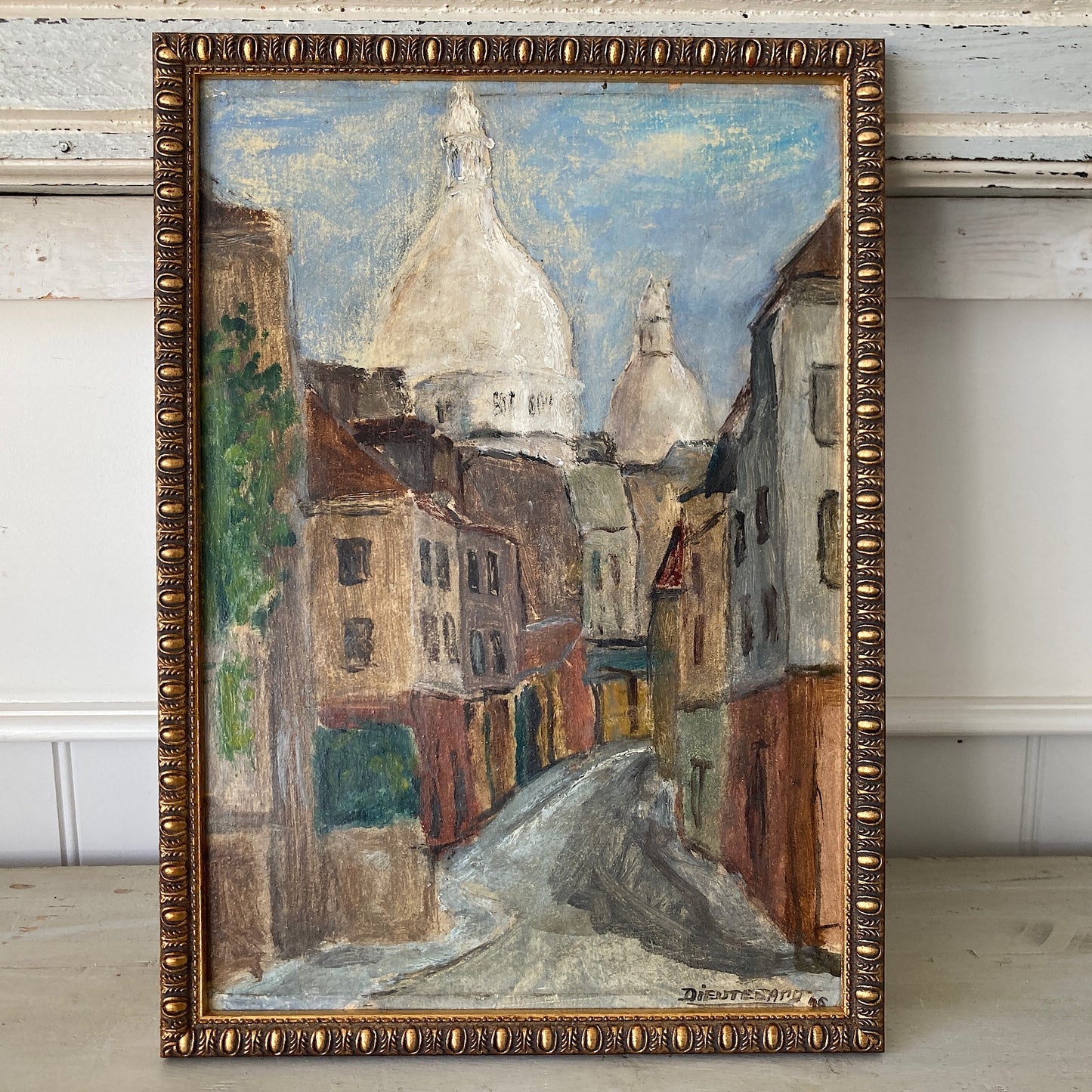 Small Vintage Paris Painting - Original Oil on Board Original Painting of a Paris Street in Monmartre with the Sacre Coeur