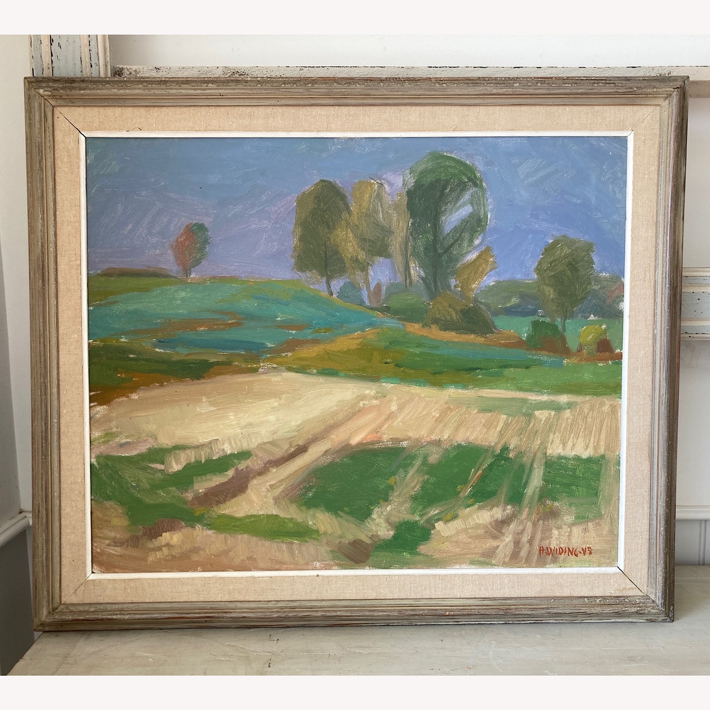 Green Fields - Swedish Mid Century Original Oil on Canvas Framed Painting - Scandinavian Vintage Art