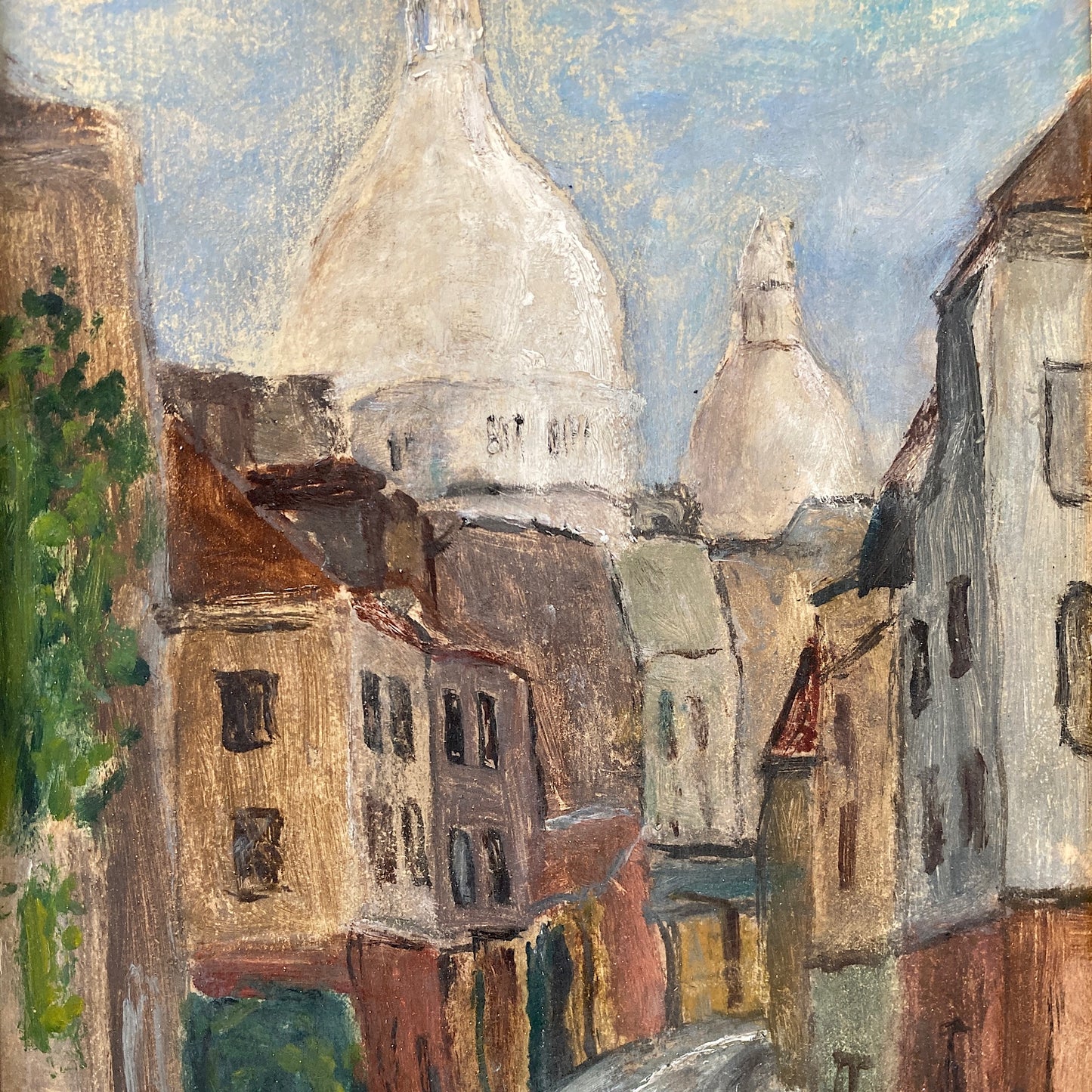 Small Vintage Paris Painting - Original Oil on Board Original Painting of a Paris Street in Monmartre with the Sacre Coeur