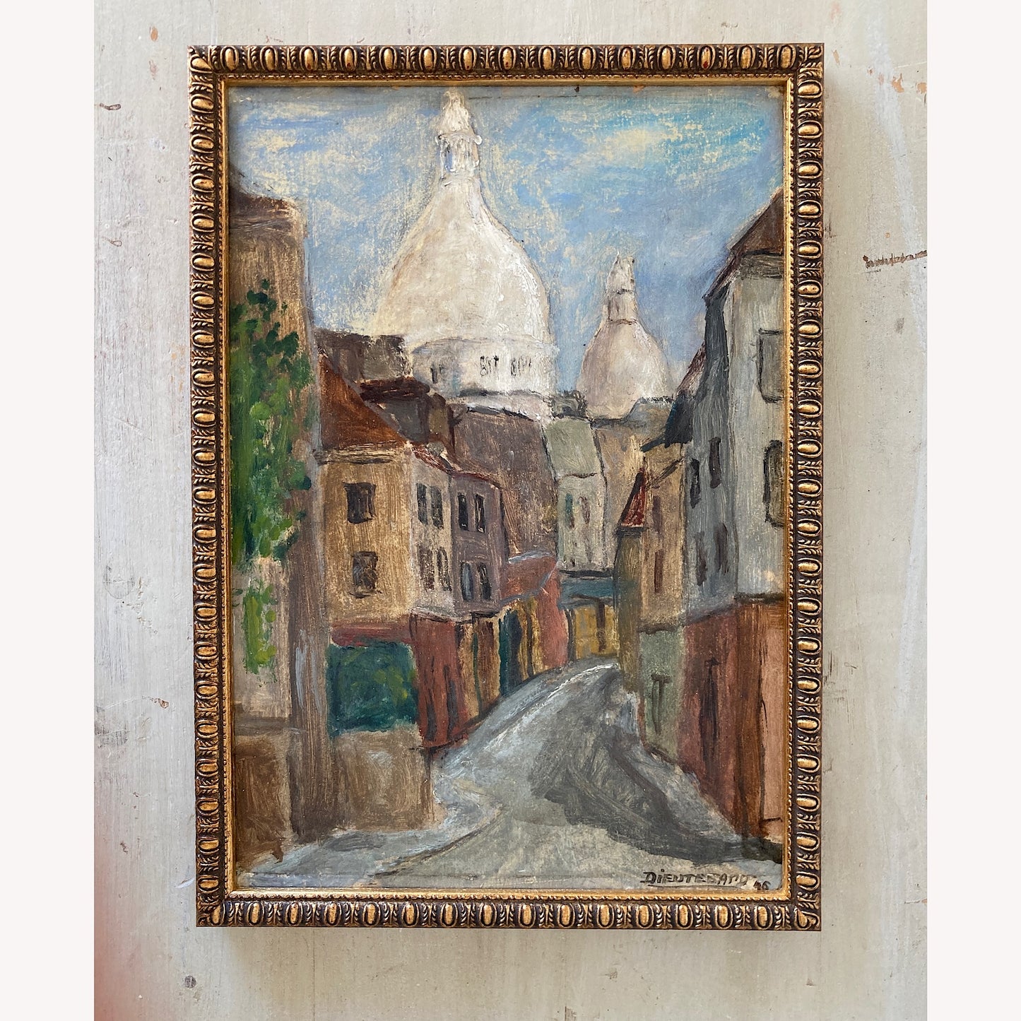 Small Vintage Paris Painting - Original Oil on Board Original Painting of a Paris Street in Monmartre with the Sacre Coeur