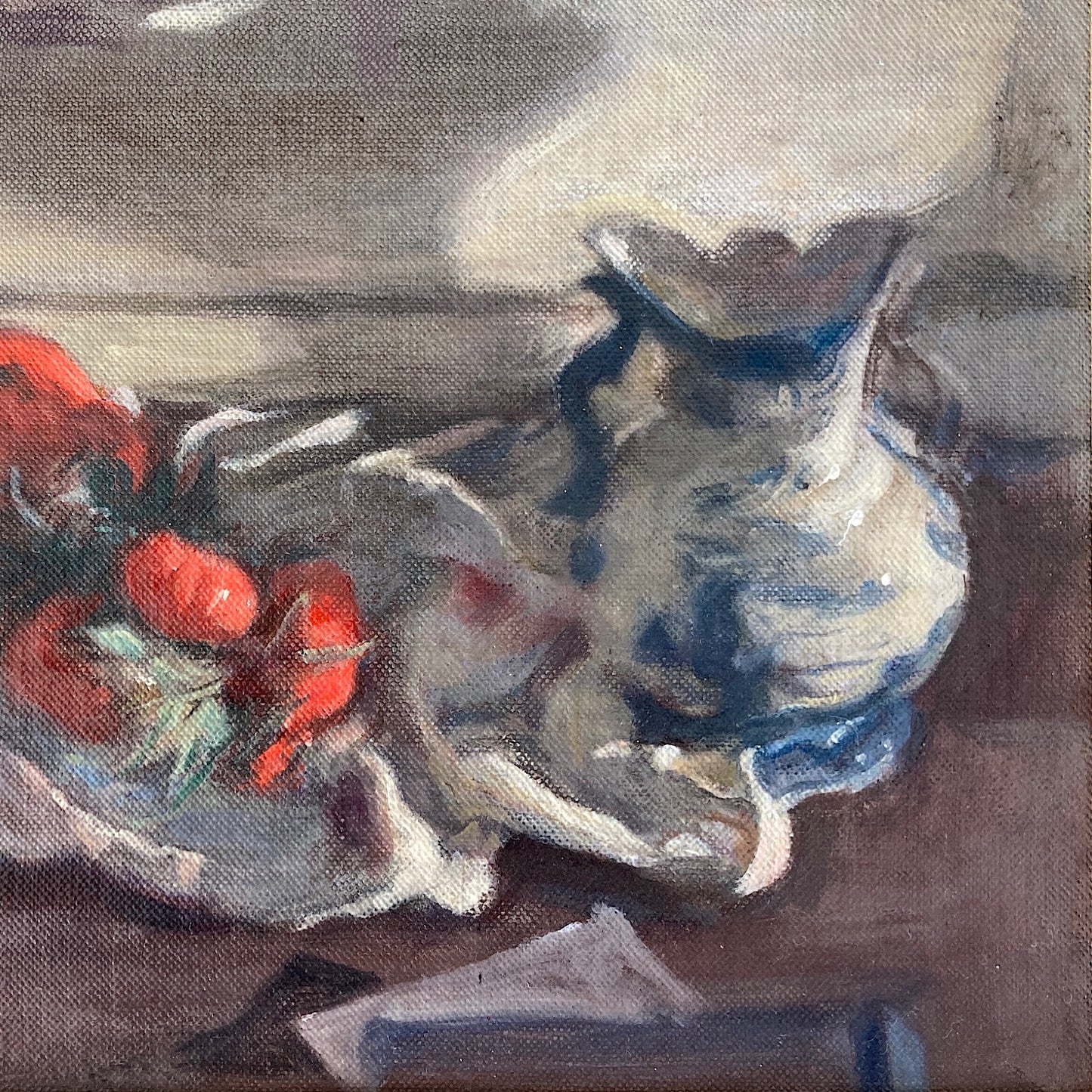 Kitchen Still Life - An Original Vintage Still Life Oil Painting of Tomatoes, Apple and Vase by George Weissbort Framed Original Kitchen Art