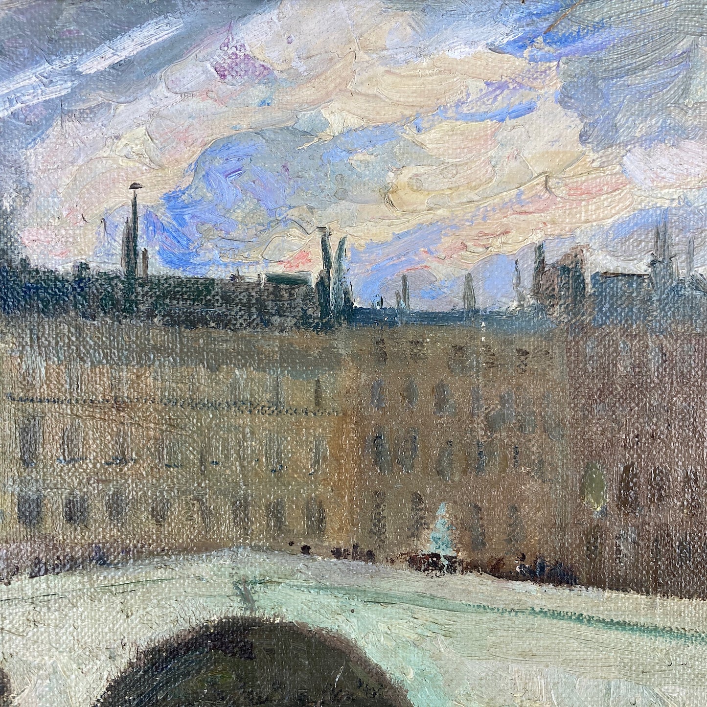 Paris ~ An Original Vintage Painting of Paris Circa 1950 - Framed Oil on Canvas of Figures Walking across the River Seine
