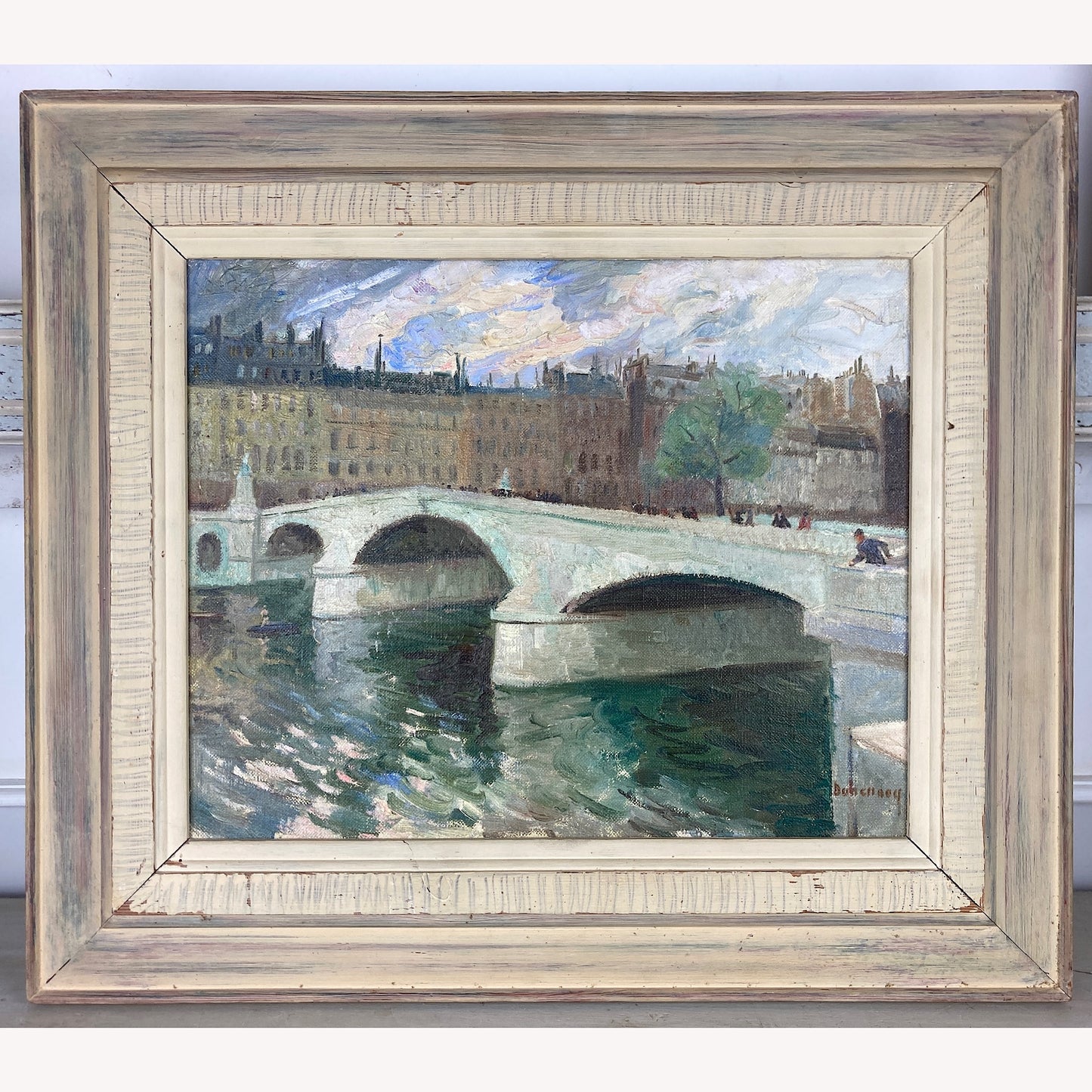 Paris ~ An Original Vintage Painting of Paris Circa 1950 - Framed Oil on Canvas of Figures Walking across the River Seine