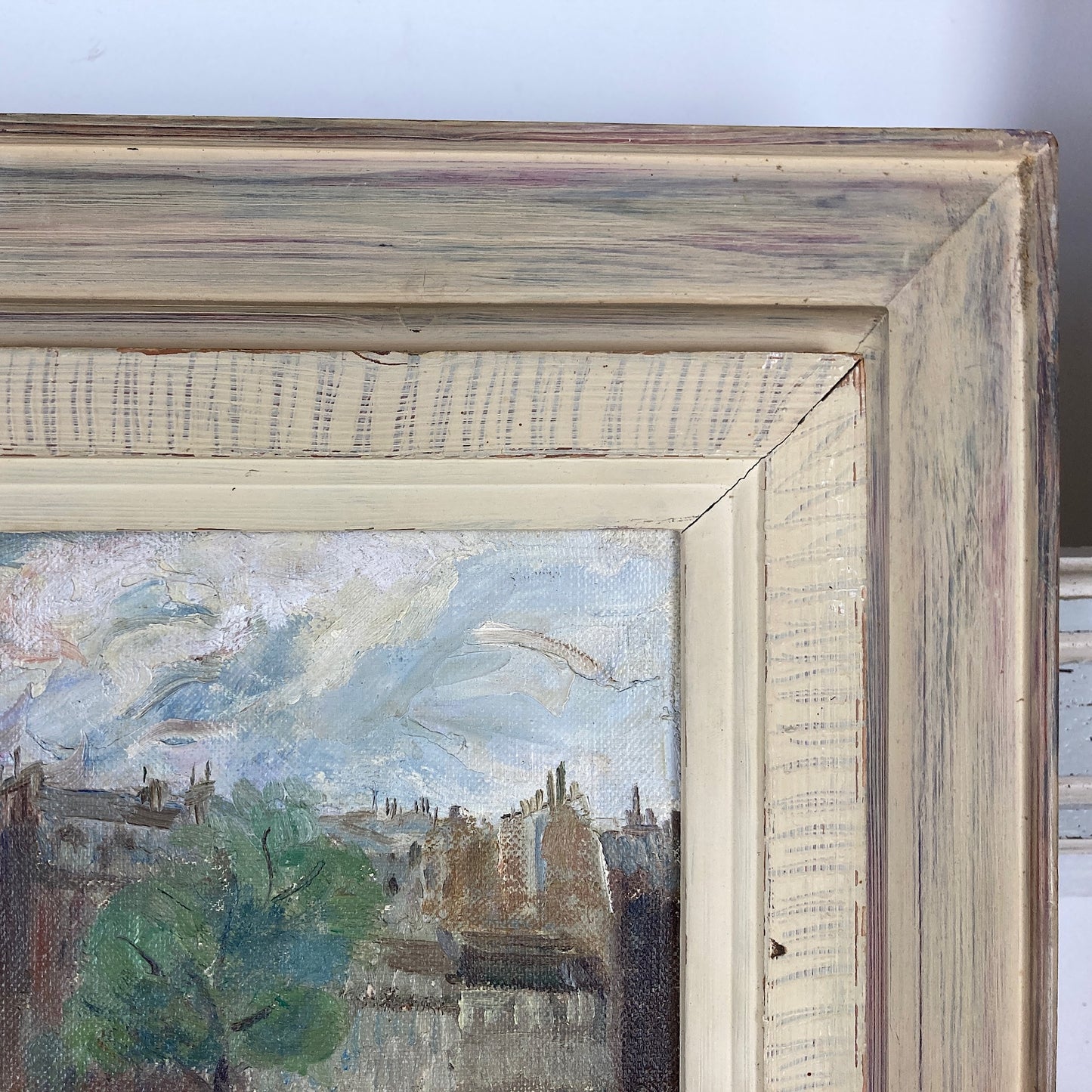 Paris ~ An Original Vintage Painting of Paris Circa 1950 - Framed Oil on Canvas of Figures Walking across the River Seine