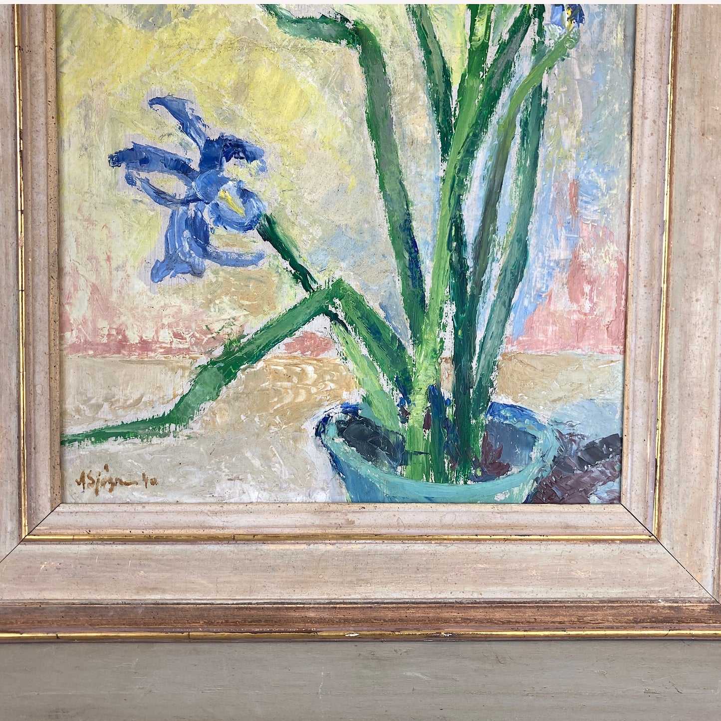 Impressionist Vintage Painting Oil on Board of Iris Flowers in a Still Life Composition Scandinavian Vintage Framed Original Art Dated 1940