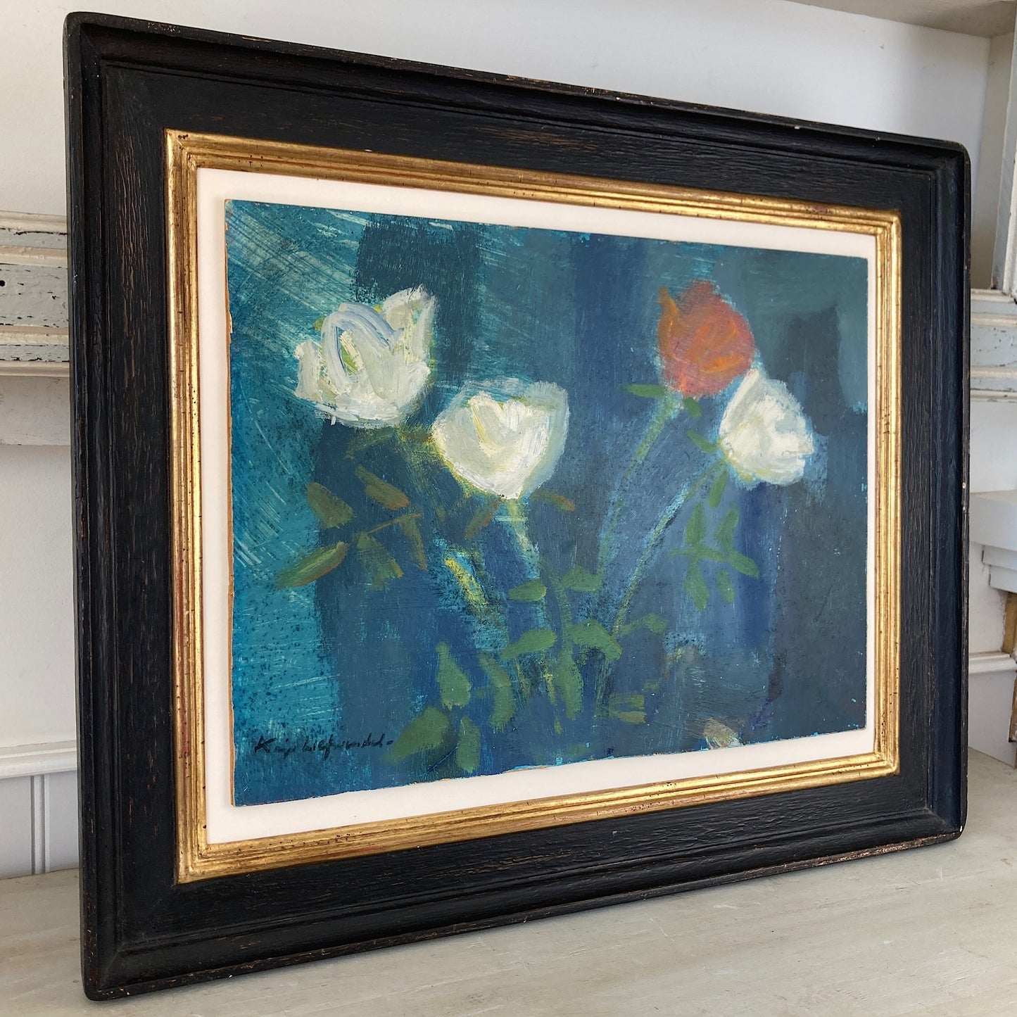 Roses - A Mid Century Oil on Board Study of Roses in the Impressionist Style - Scandinavian Vintage Framed Painting