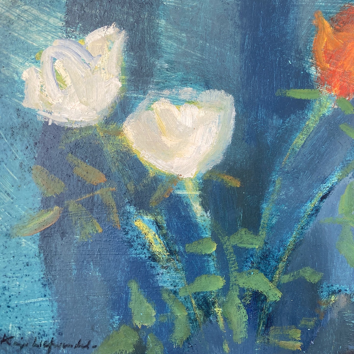 Roses - A Mid Century Oil on Board Study of Roses in the Impressionist Style - Scandinavian Vintage Framed Painting