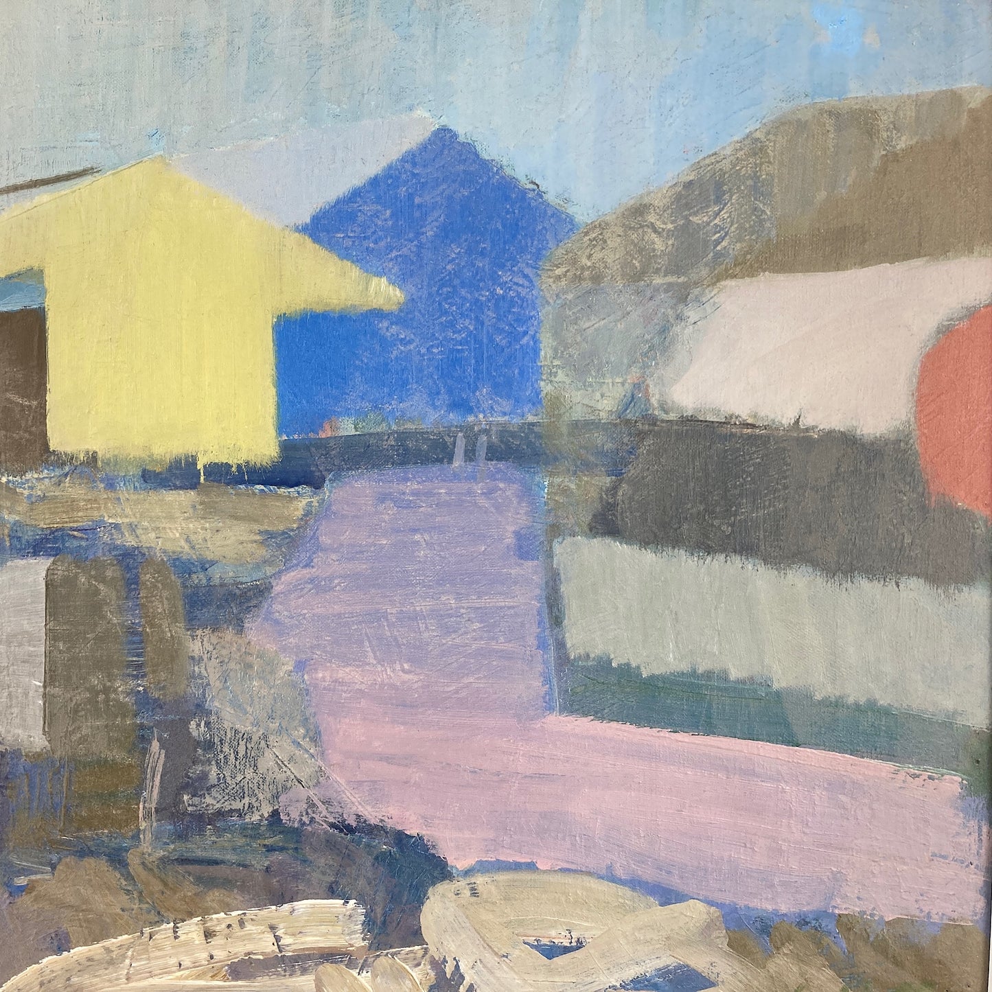 Coastal Houses - Mid Century Modern Swedish Oil on Canvas Painting Dated 1955