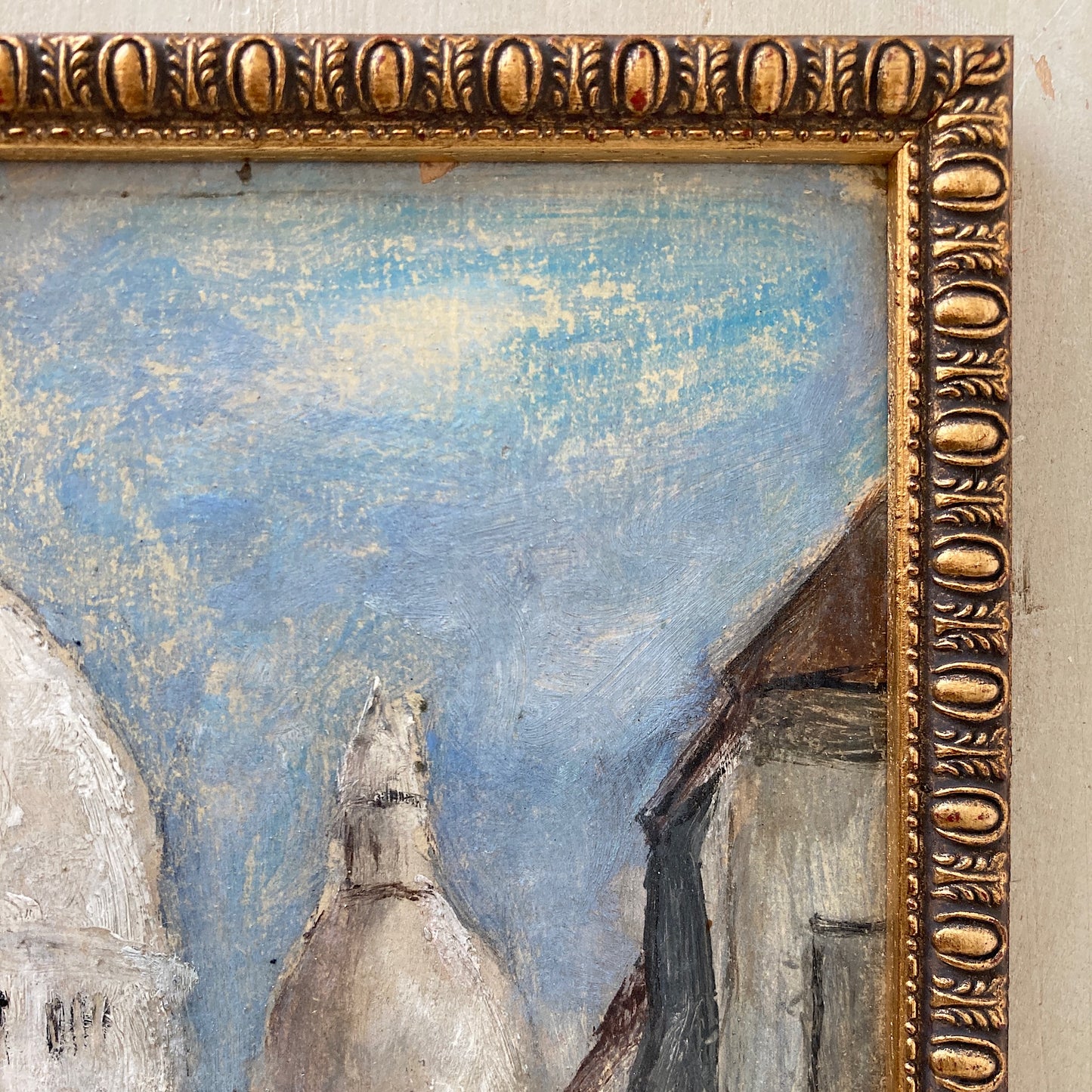 Small Vintage Paris Painting - Original Oil on Board Original Painting of a Paris Street in Monmartre with the Sacre Coeur