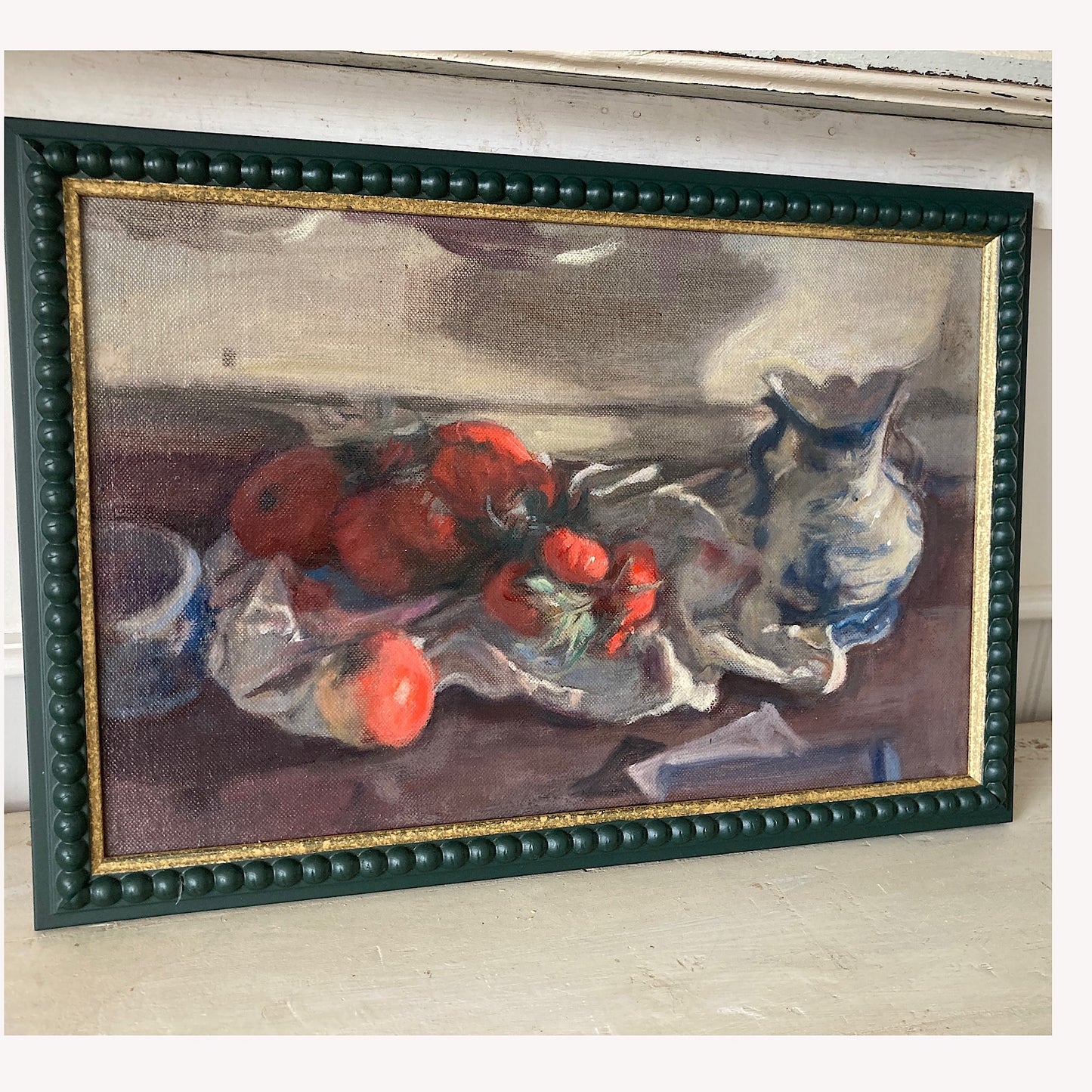 Kitchen Still Life - An Original Vintage Still Life Oil Painting of Tomatoes, Apple and Vase by George Weissbort Framed Original Kitchen Art