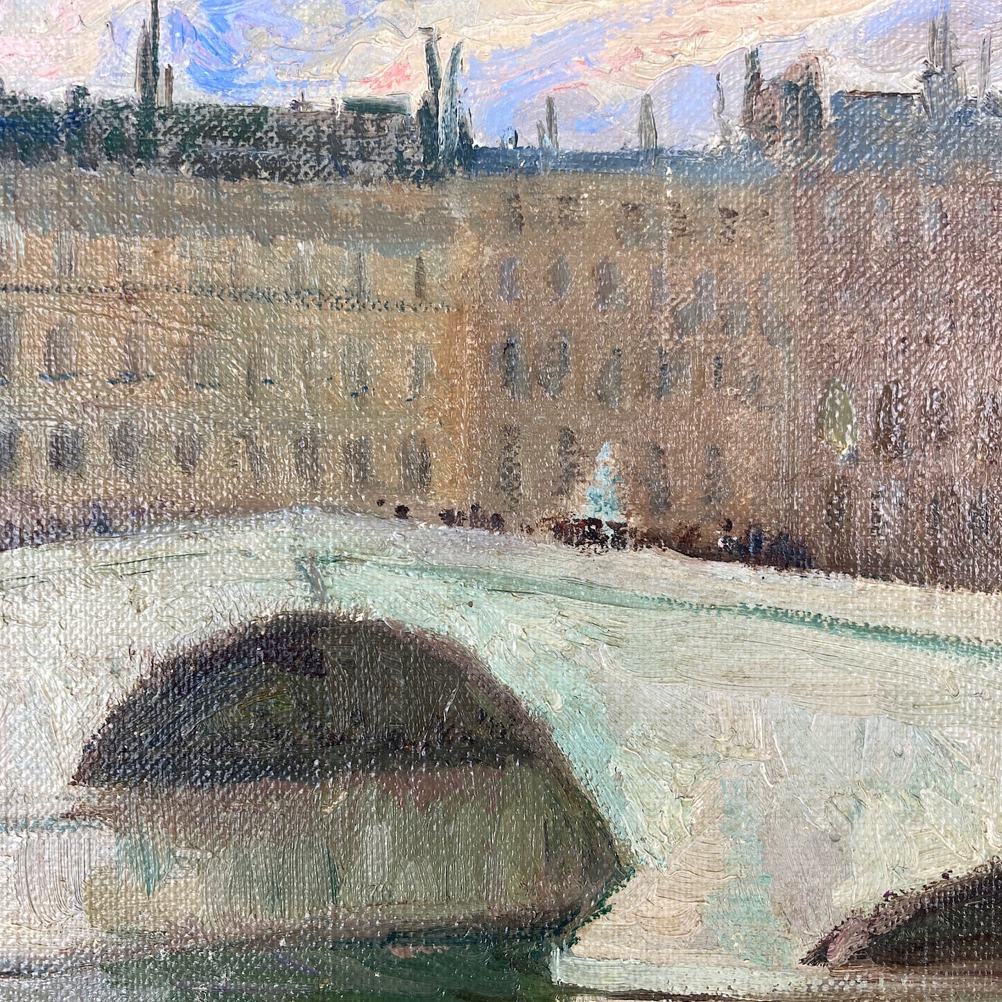 Paris ~ An Original Vintage Painting of Paris Circa 1950 - Framed Oil on Canvas of Figures Walking across the River Seine