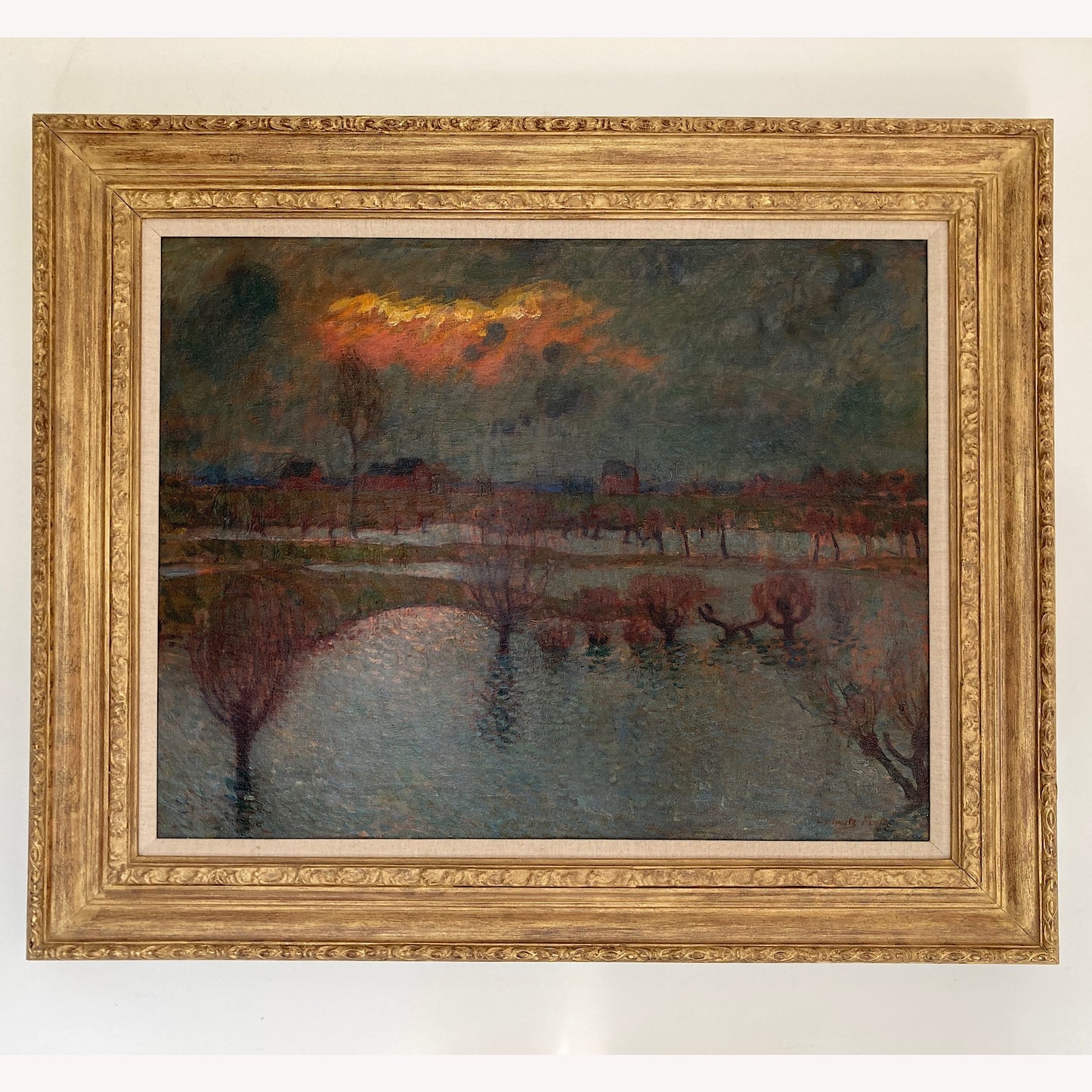 Dusk over Water - Antique Oil on Canvas Painting by Listed Artist Carl Schmitz-Pleis (1877-1943) Large Impressionist Antique Painting