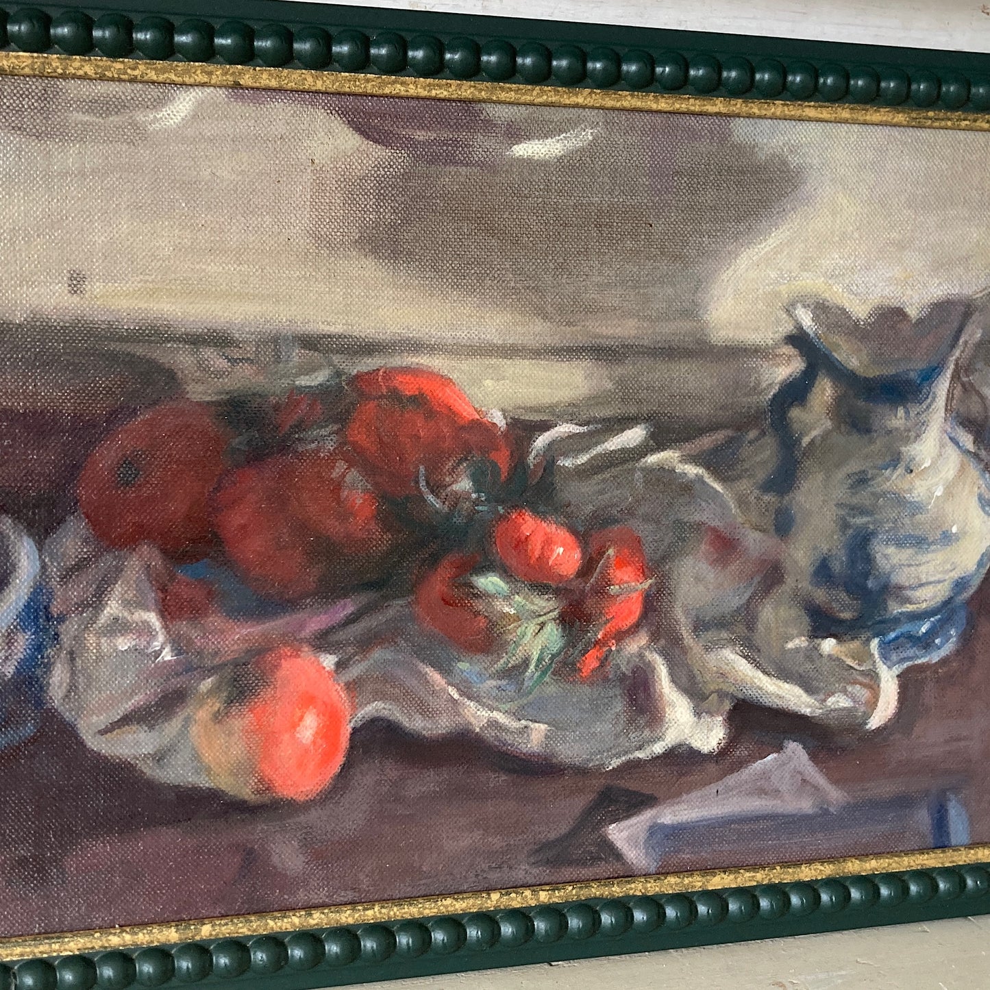 Kitchen Still Life - An Original Vintage Still Life Oil Painting of Tomatoes, Apple and Vase by George Weissbort Framed Original Kitchen Art
