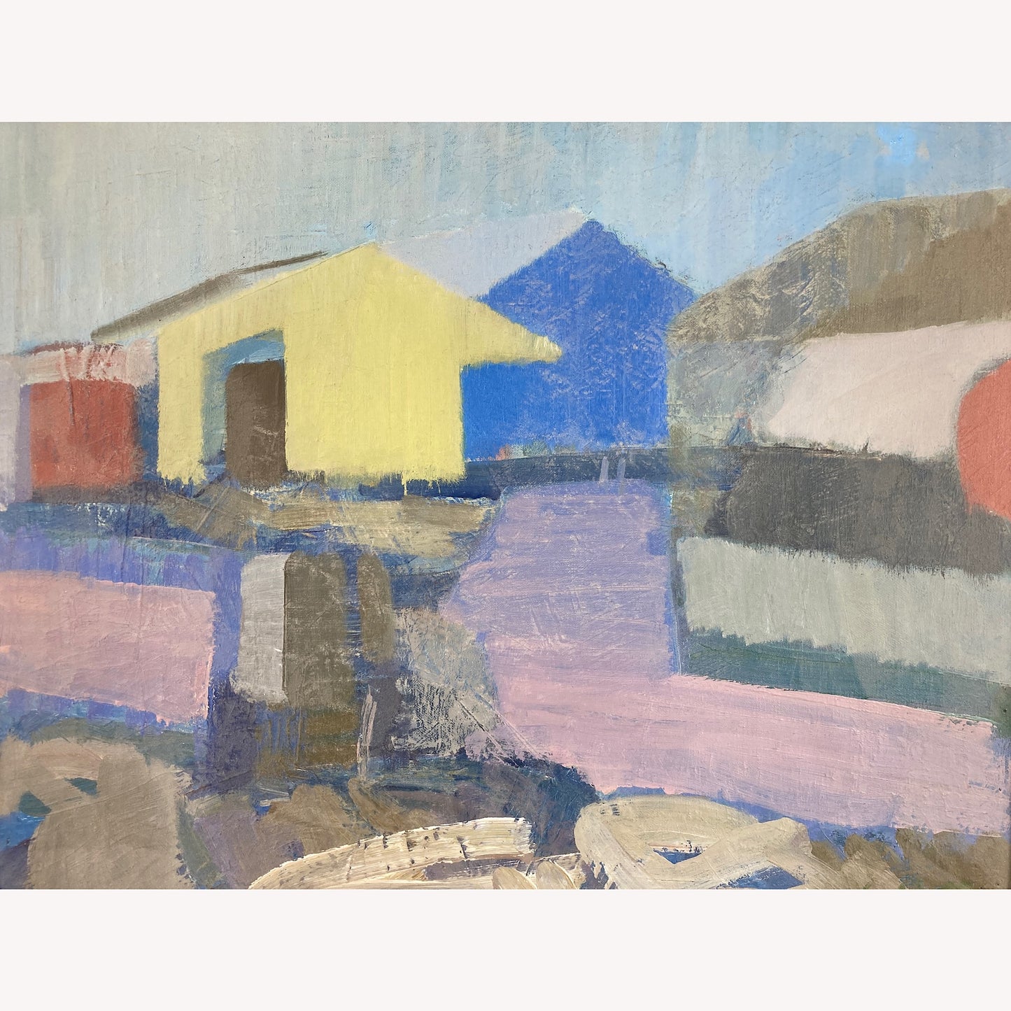 Coastal Houses - Mid Century Modern Swedish Oil on Canvas Painting Dated 1955