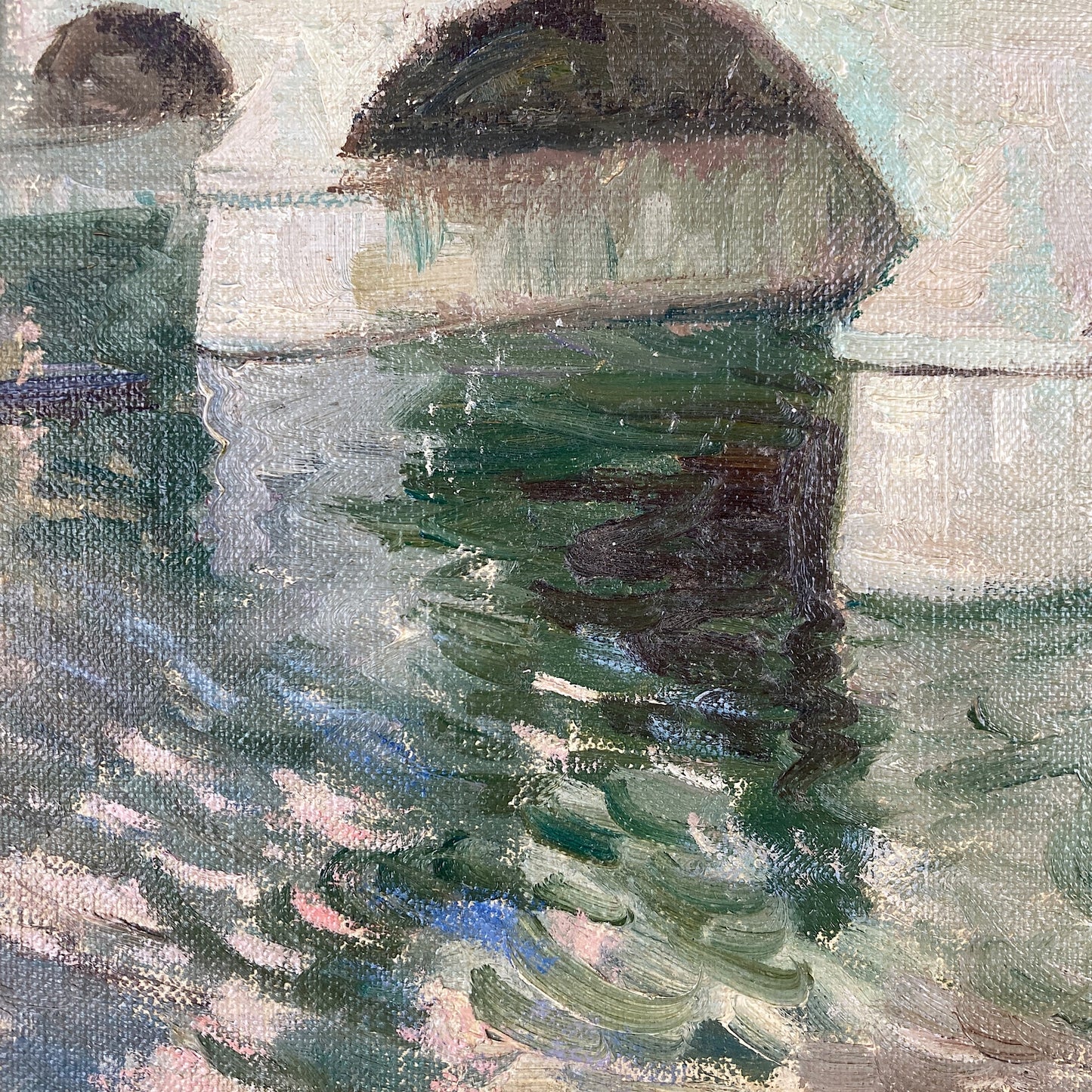 Paris ~ An Original Vintage Painting of Paris Circa 1950 - Framed Oil on Canvas of Figures Walking across the River Seine