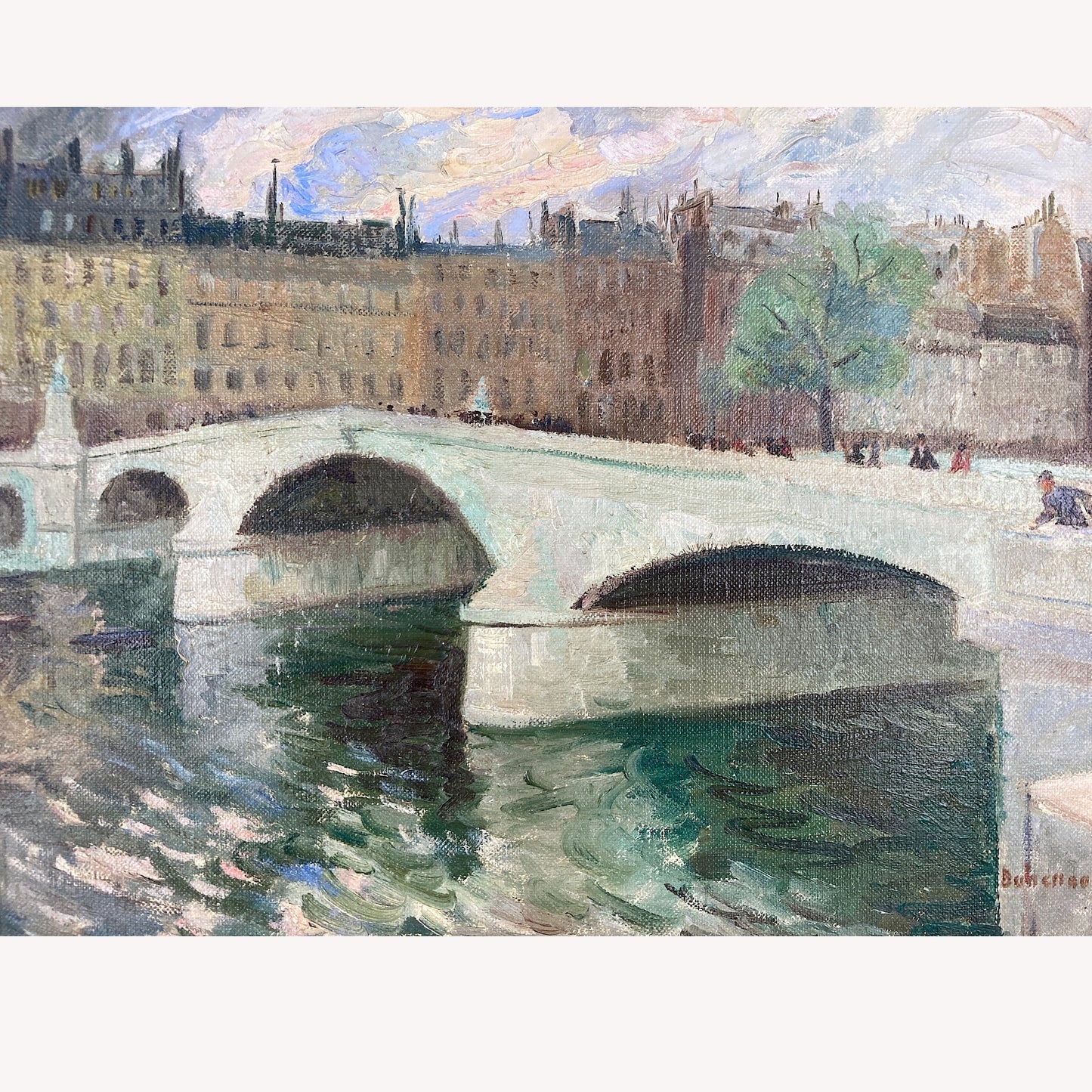 Paris ~ An Original Vintage Painting of Paris Circa 1950 - Framed Oil on Canvas of Figures Walking across the River Seine