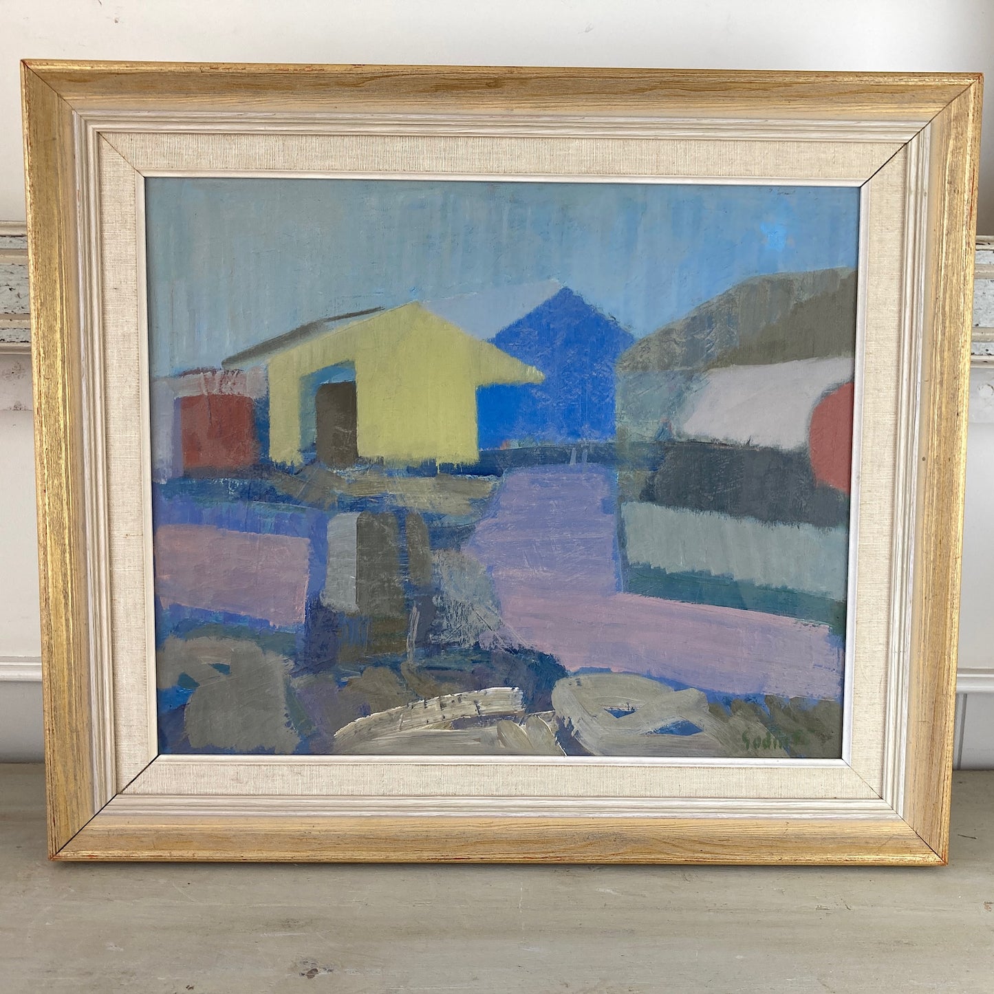 Coastal Houses - Mid Century Modern Swedish Oil on Canvas Painting Dated 1955