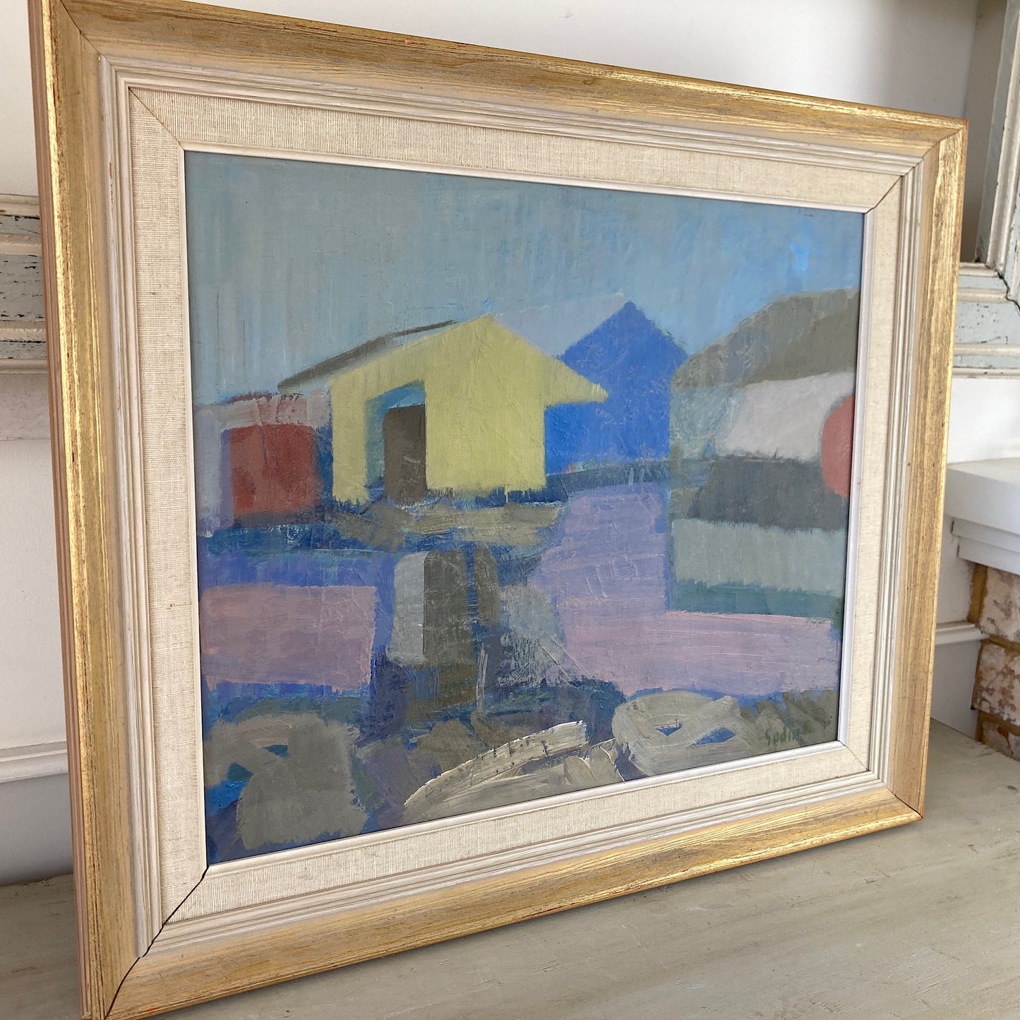 Coastal Houses - Mid Century Modern Swedish Oil on Canvas Painting Dated 1955