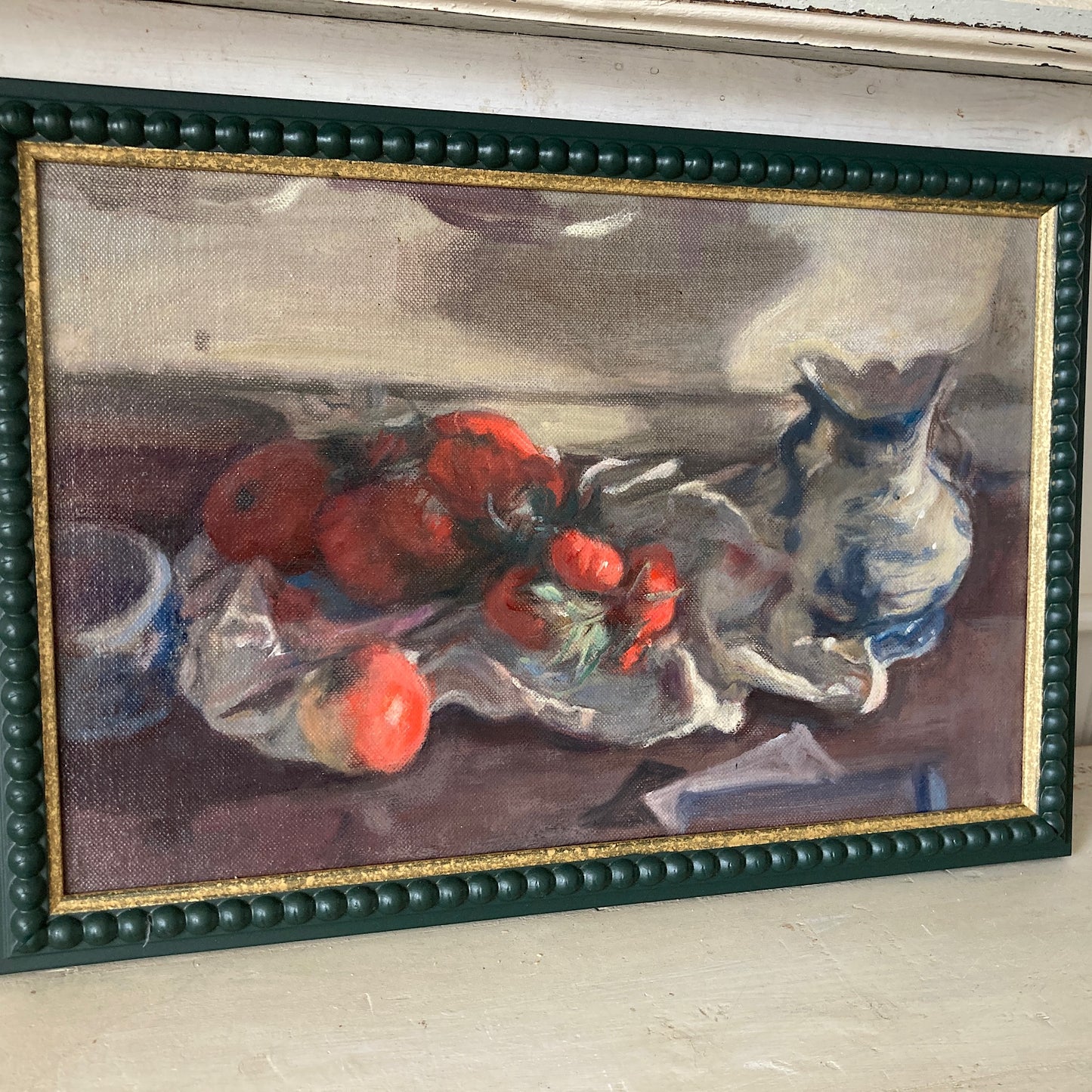 Kitchen Still Life - An Original Vintage Still Life Oil Painting of Tomatoes, Apple and Vase by George Weissbort Framed Original Kitchen Art