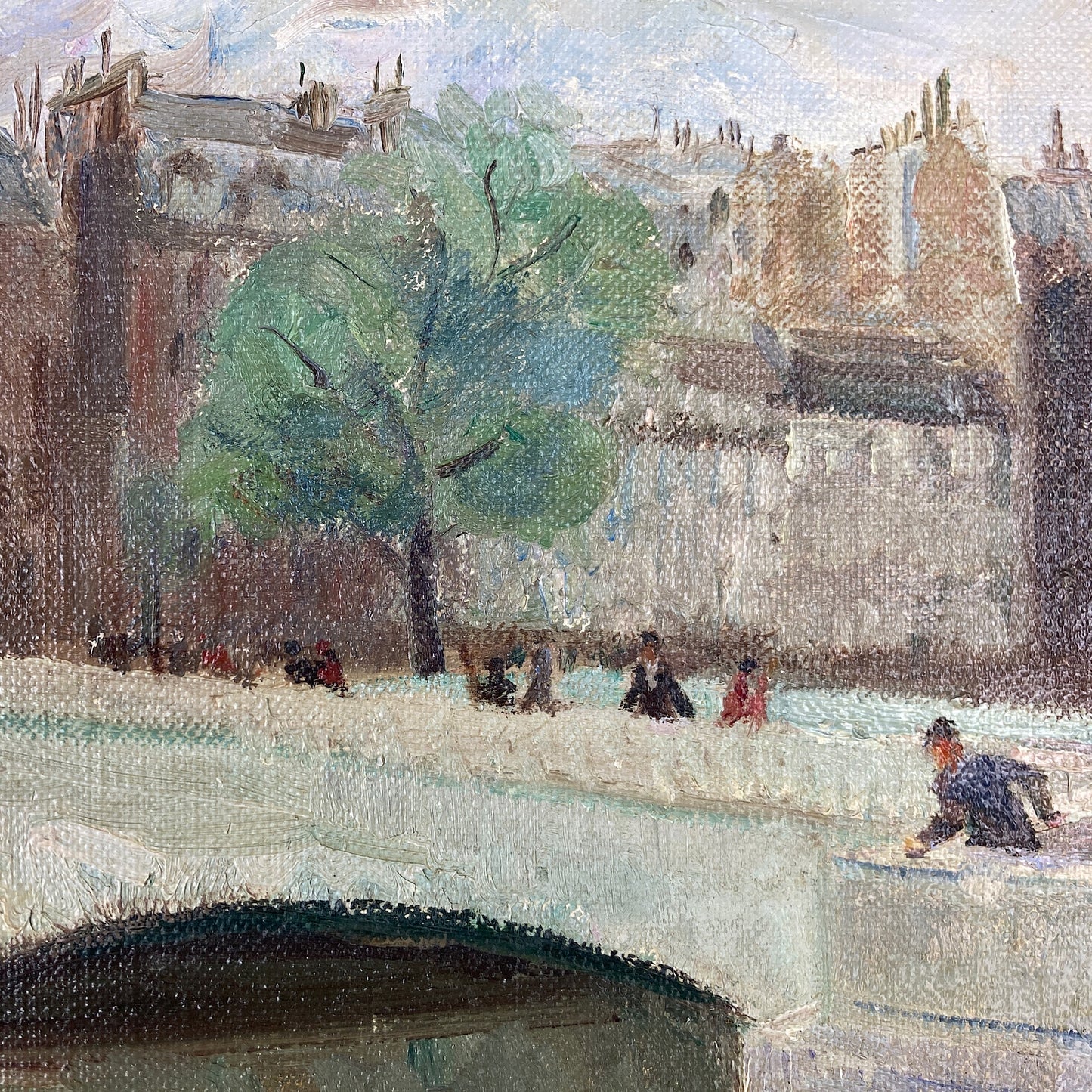 Paris ~ An Original Vintage Painting of Paris Circa 1950 - Framed Oil on Canvas of Figures Walking across the River Seine