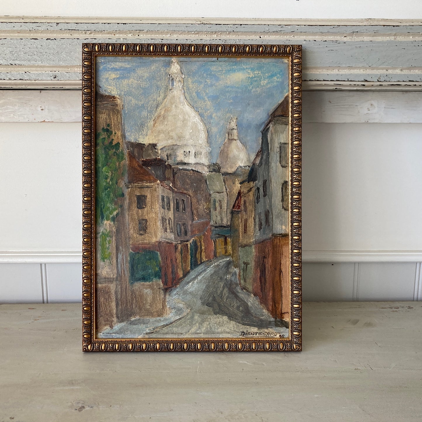Small Vintage Paris Painting - Original Oil on Board Original Painting of a Paris Street in Monmartre with the Sacre Coeur