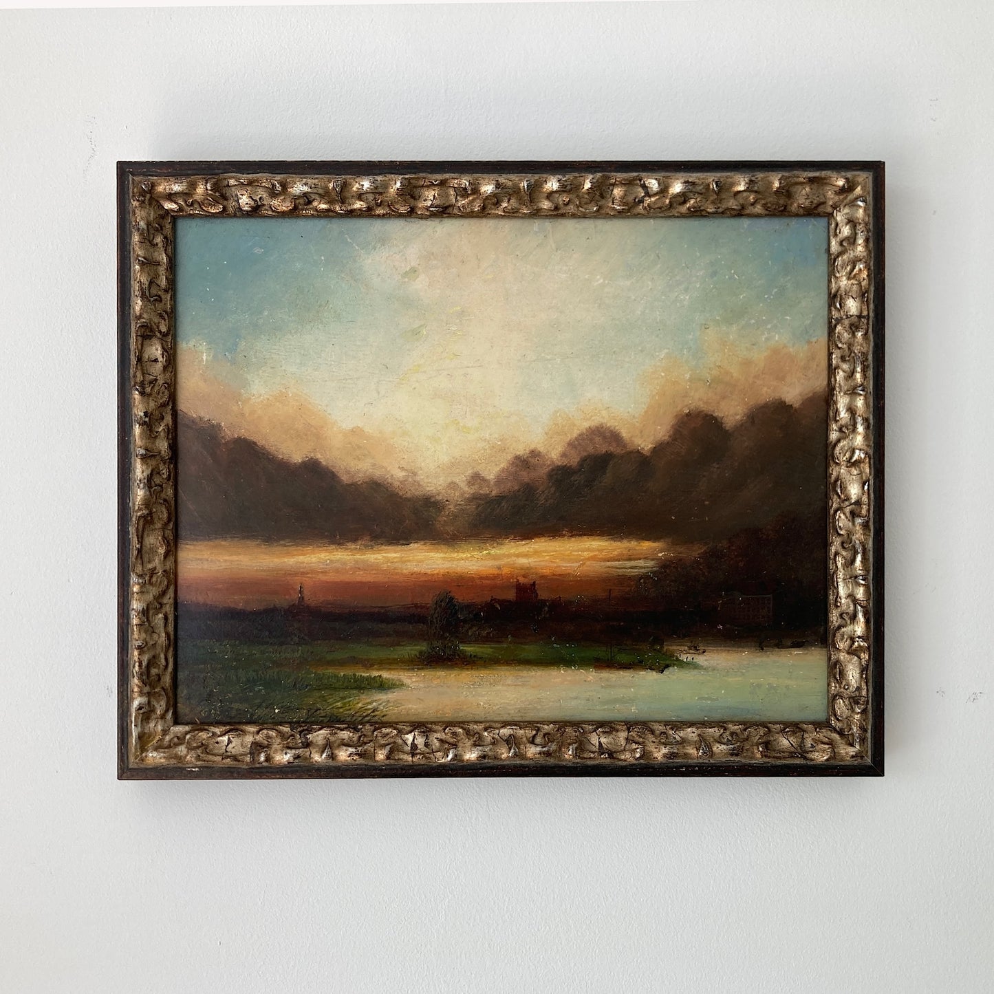 Twilight - Small Antique British Original Oil Painting of Worcester Cathedral