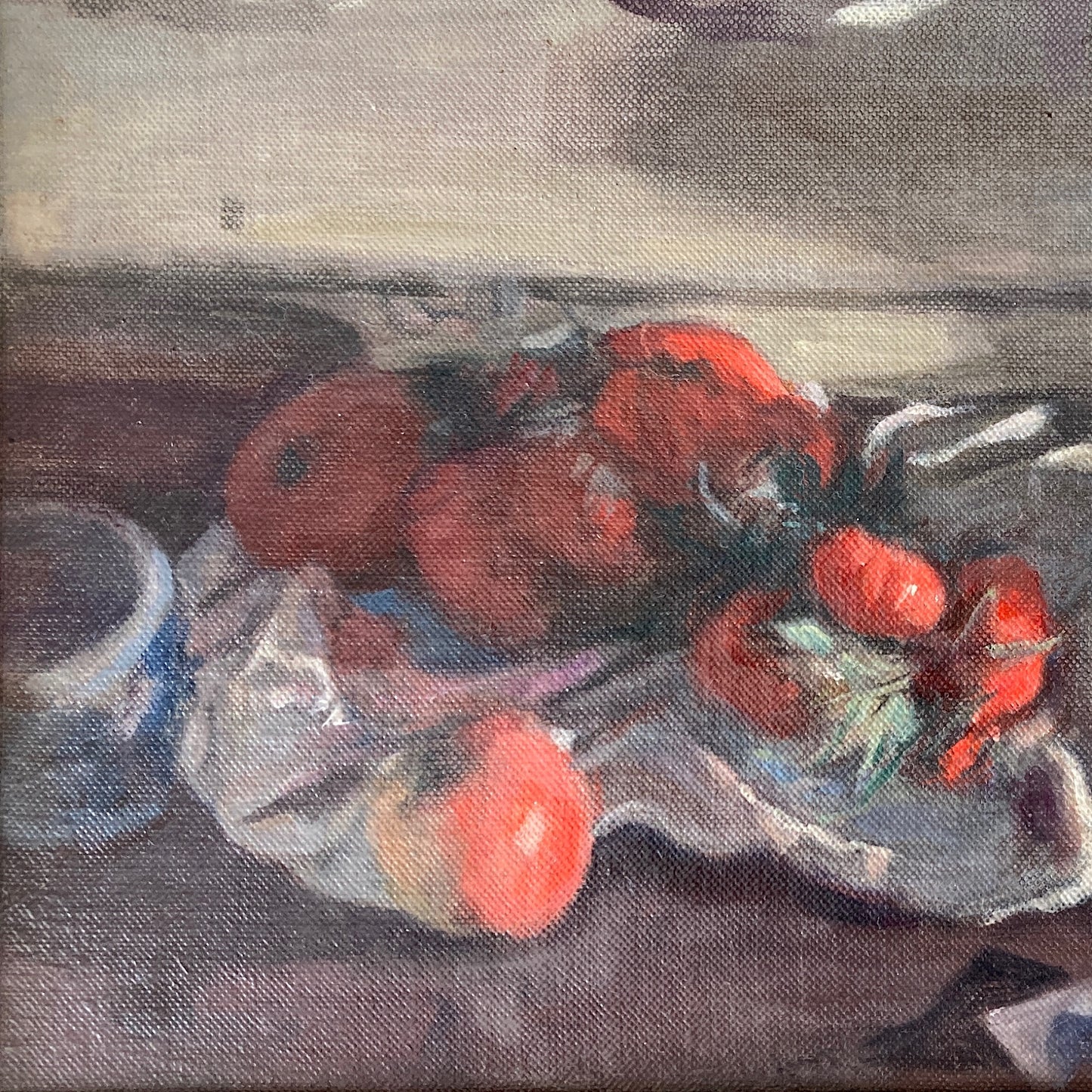Kitchen Still Life - An Original Vintage Still Life Oil Painting of Tomatoes, Apple and Vase by George Weissbort Framed Original Kitchen Art