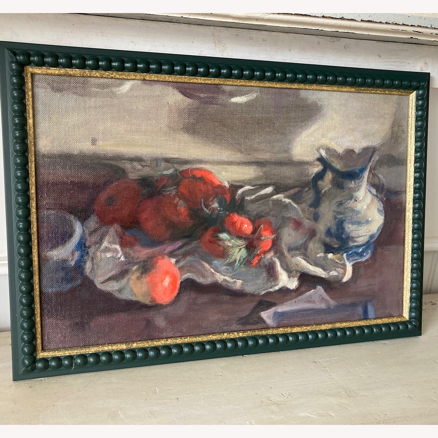 Kitchen Still Life - An Original Vintage Still Life Oil Painting of Tomatoes, Apple and Vase by George Weissbort Framed Original Kitchen Art