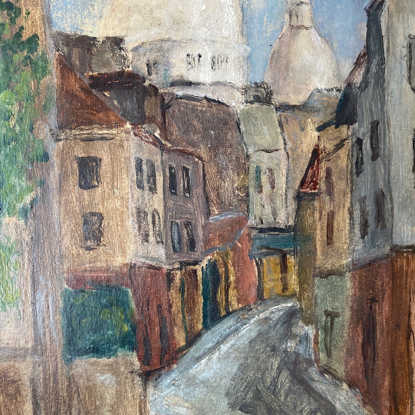 Small Vintage Paris Painting - Original Oil on Board Original Painting of a Paris Street in Monmartre with the Sacre Coeur