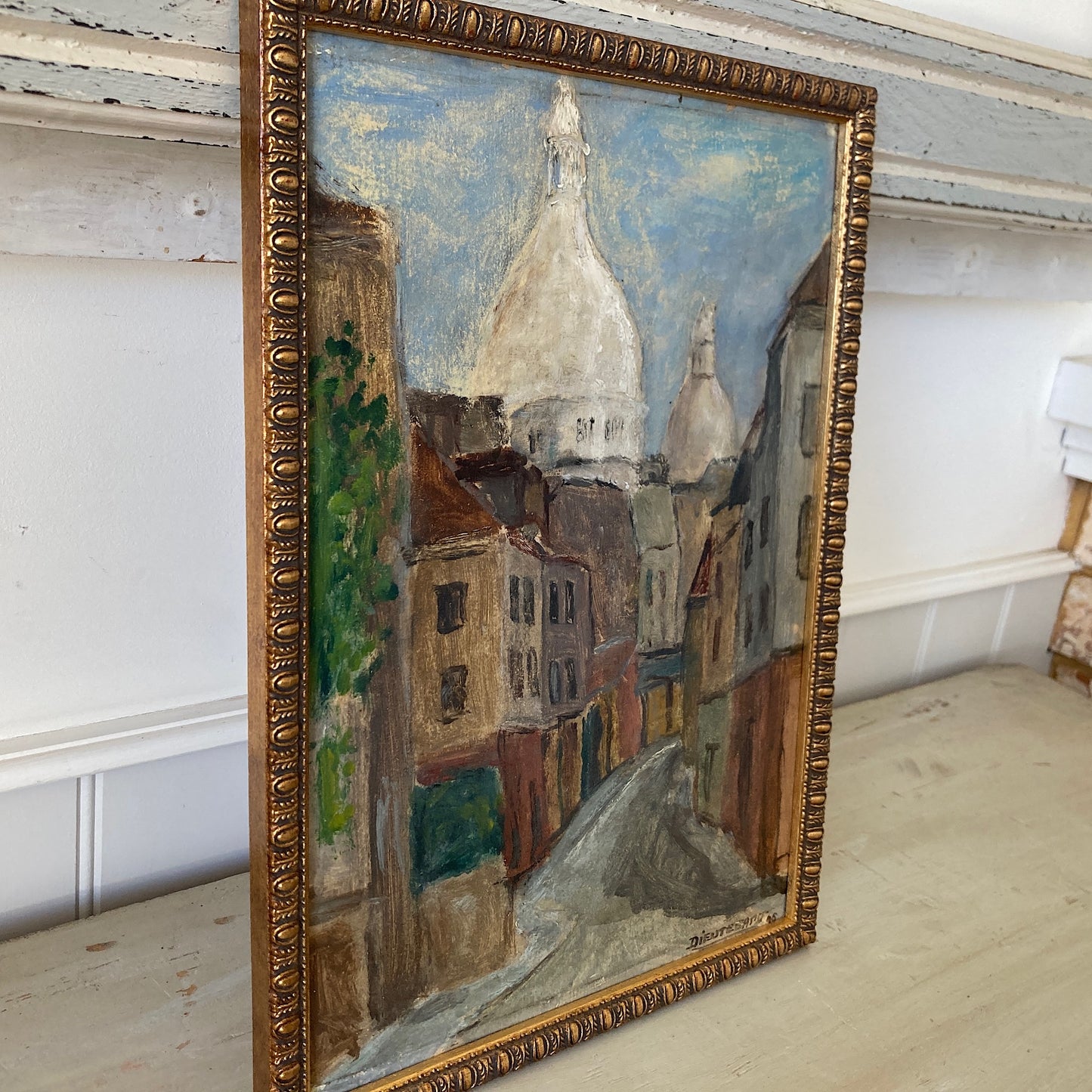 Small Vintage Paris Painting - Original Oil on Board Original Painting of a Paris Street in Monmartre with the Sacre Coeur