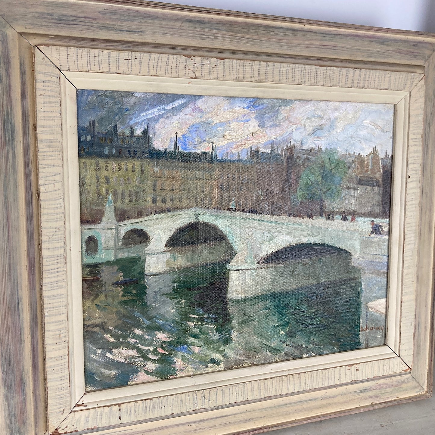 Paris ~ An Original Vintage Painting of Paris Circa 1950 - Framed Oil on Canvas of Figures Walking across the River Seine