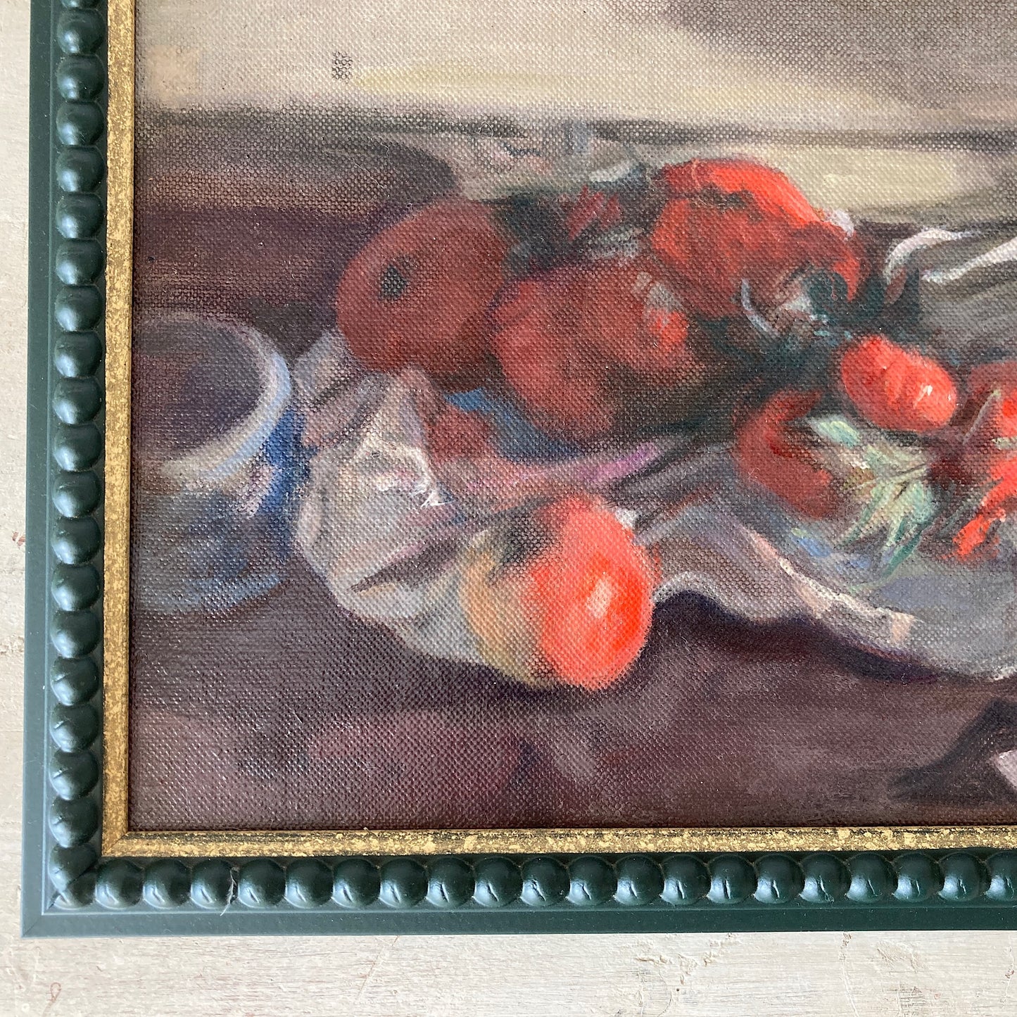 Kitchen Still Life - An Original Vintage Still Life Oil Painting of Tomatoes, Apple and Vase by George Weissbort Framed Original Kitchen Art
