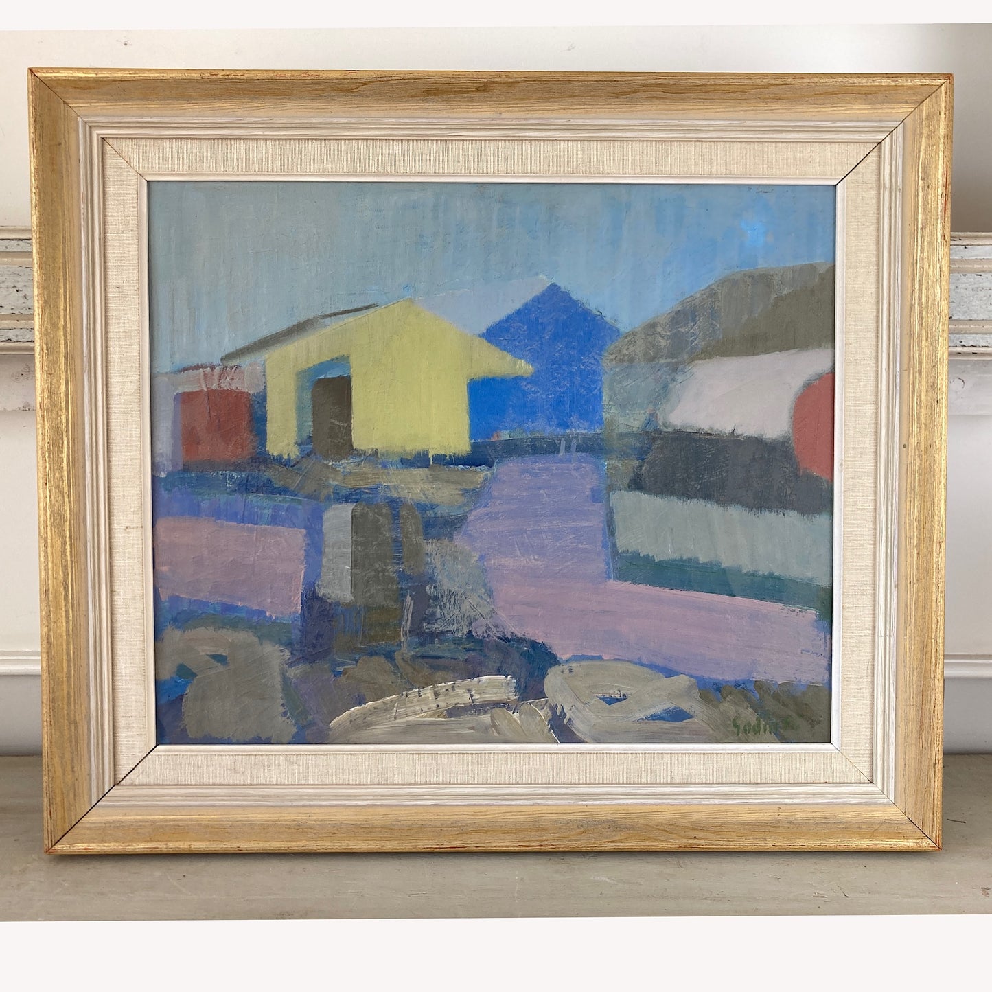Coastal Houses - Mid Century Modern Swedish Oil on Canvas Painting Dated 1955