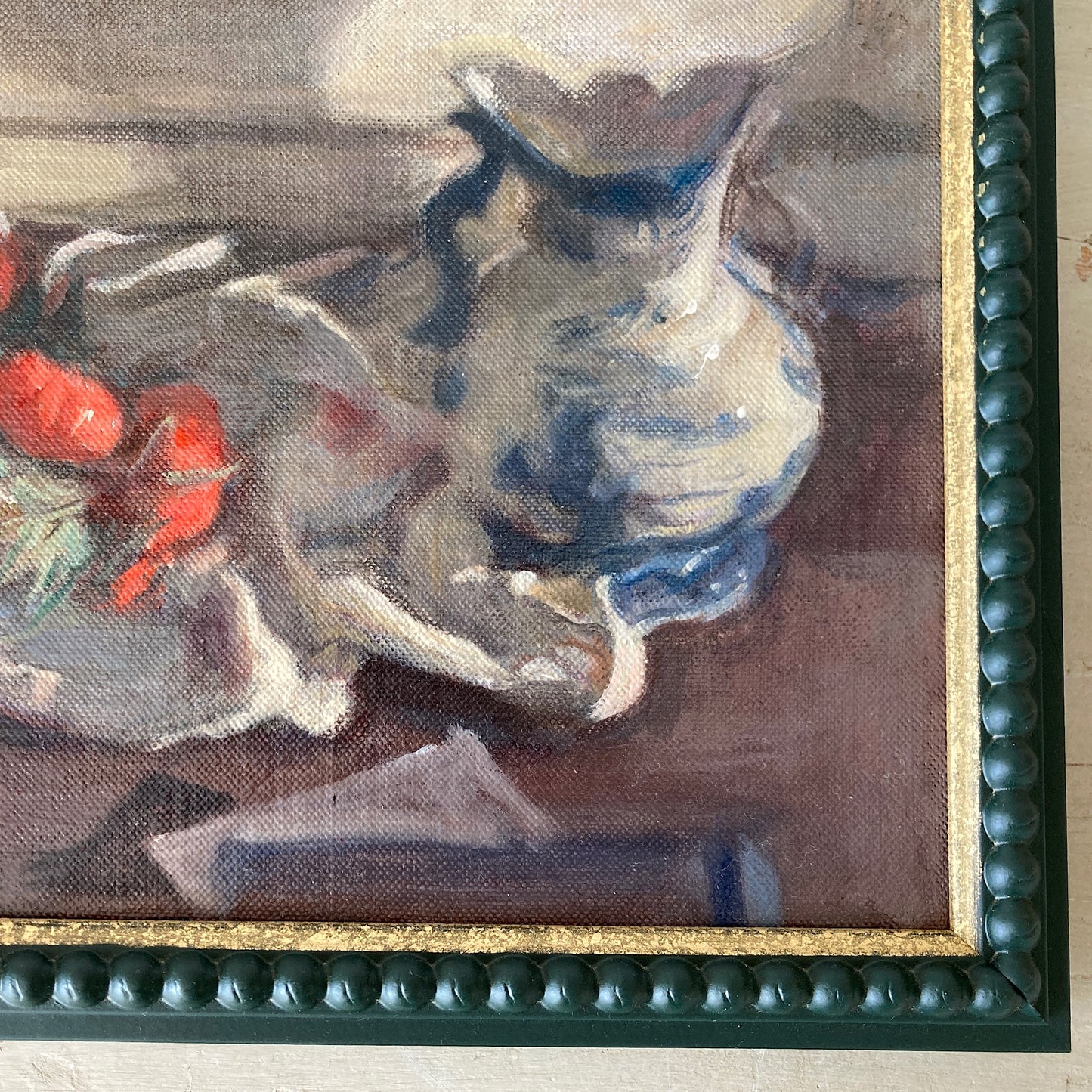 Kitchen Still Life - An Original Vintage Still Life Oil Painting of Tomatoes, Apple and Vase by George Weissbort Framed Original Kitchen Art