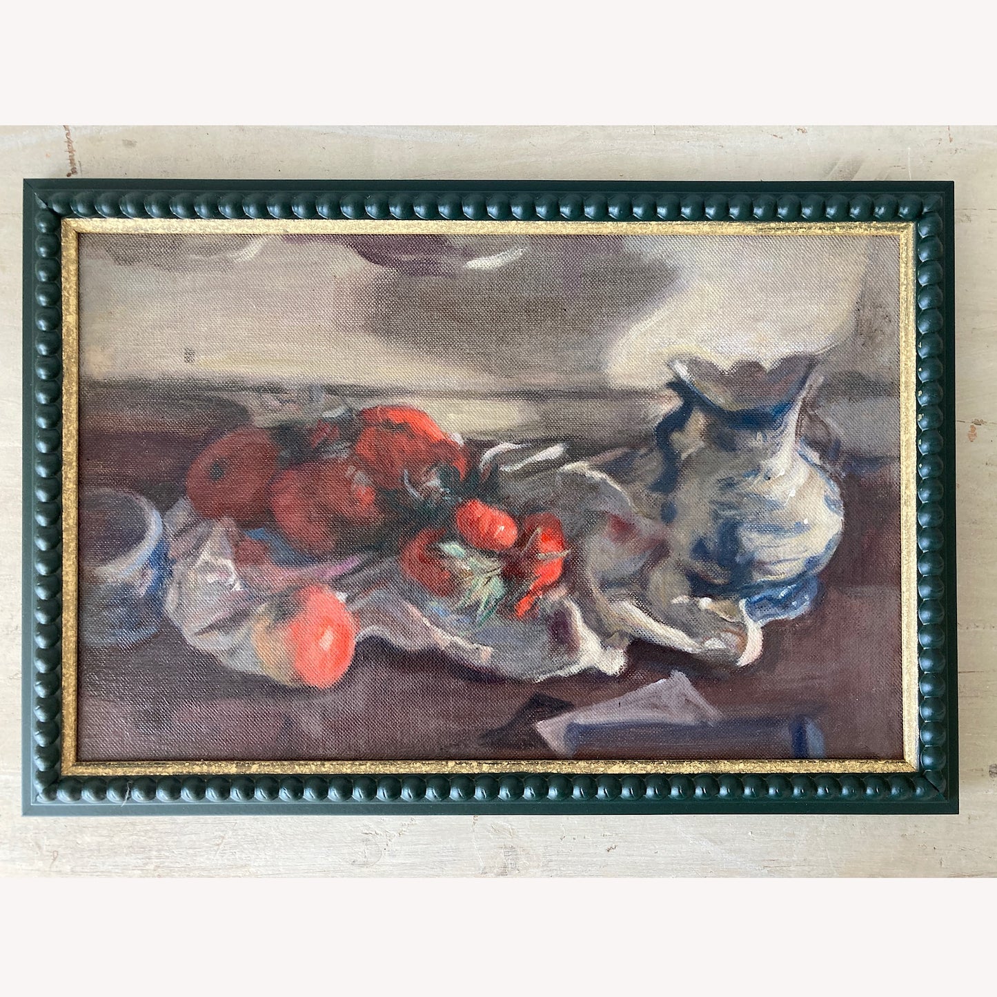 Kitchen Still Life - An Original Vintage Still Life Oil Painting of Tomatoes, Apple and Vase by George Weissbort Framed Original Kitchen Art