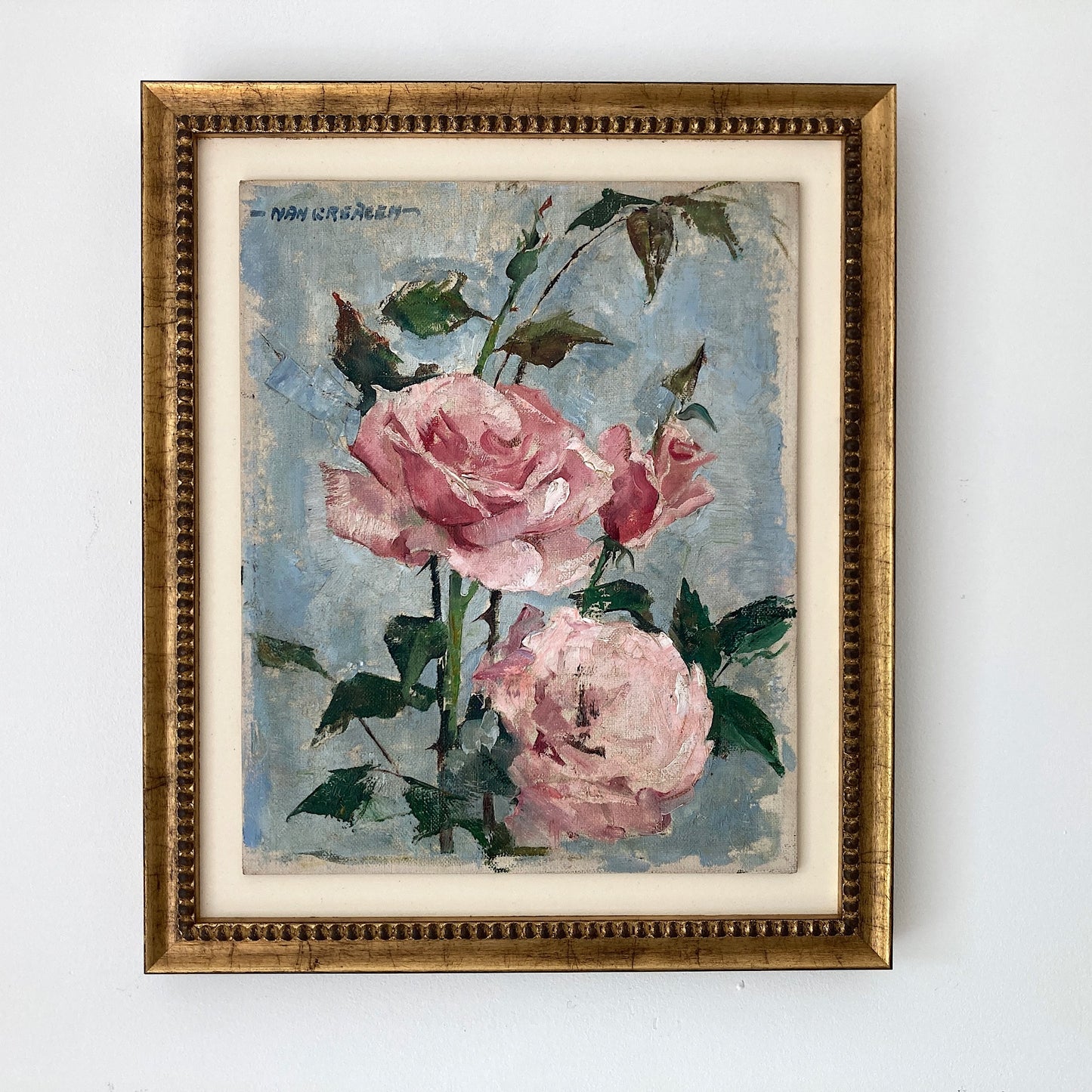 Roses Oil Painting by Nan Greacen – Impressionist Floral Still Life (Circa 1950)