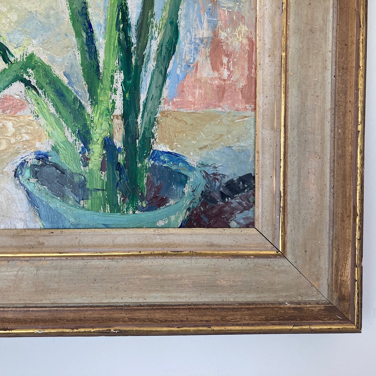 Impressionist Vintage Painting Oil on Board of Iris Flowers in a Still Life Composition Scandinavian Vintage Framed Original Art Dated 1940