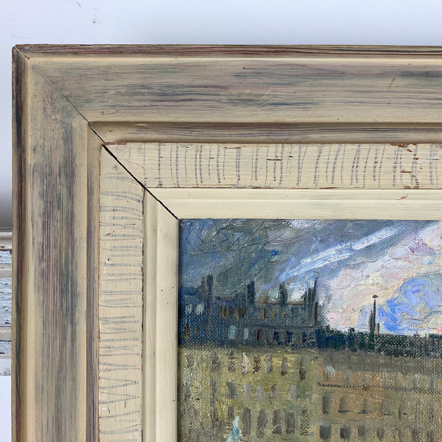 Paris ~ An Original Vintage Painting of Paris Circa 1950 - Framed Oil on Canvas of Figures Walking across the River Seine