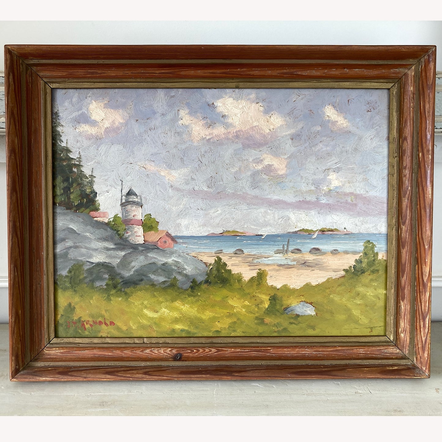 Coastal View in Summer - Vintage Mid Century Scandinavian Framed Oil Painting of a Lighthouse and Sailboats in a Sandy Bay