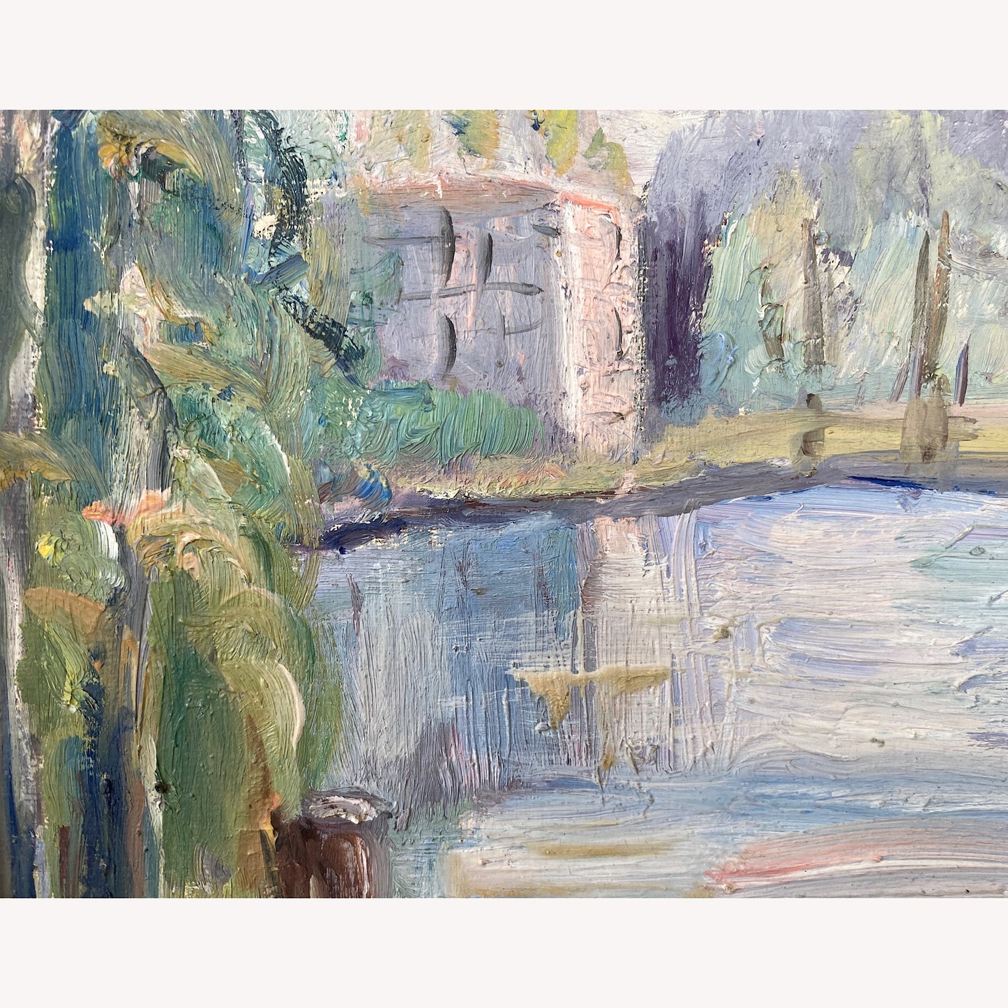 Vintage Small Landscape Framed European Oil Painting - Lakeside View