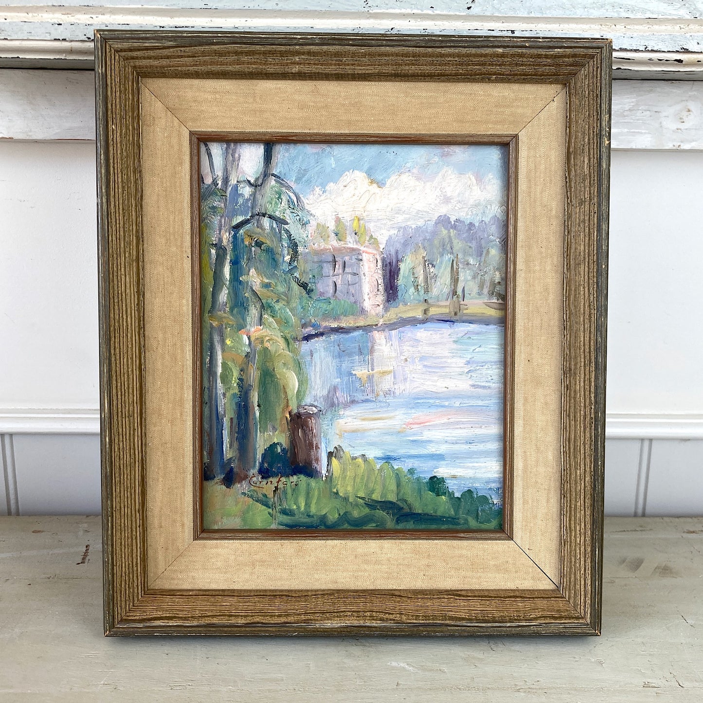 Vintage Small Landscape Framed European Oil Painting - Lakeside View