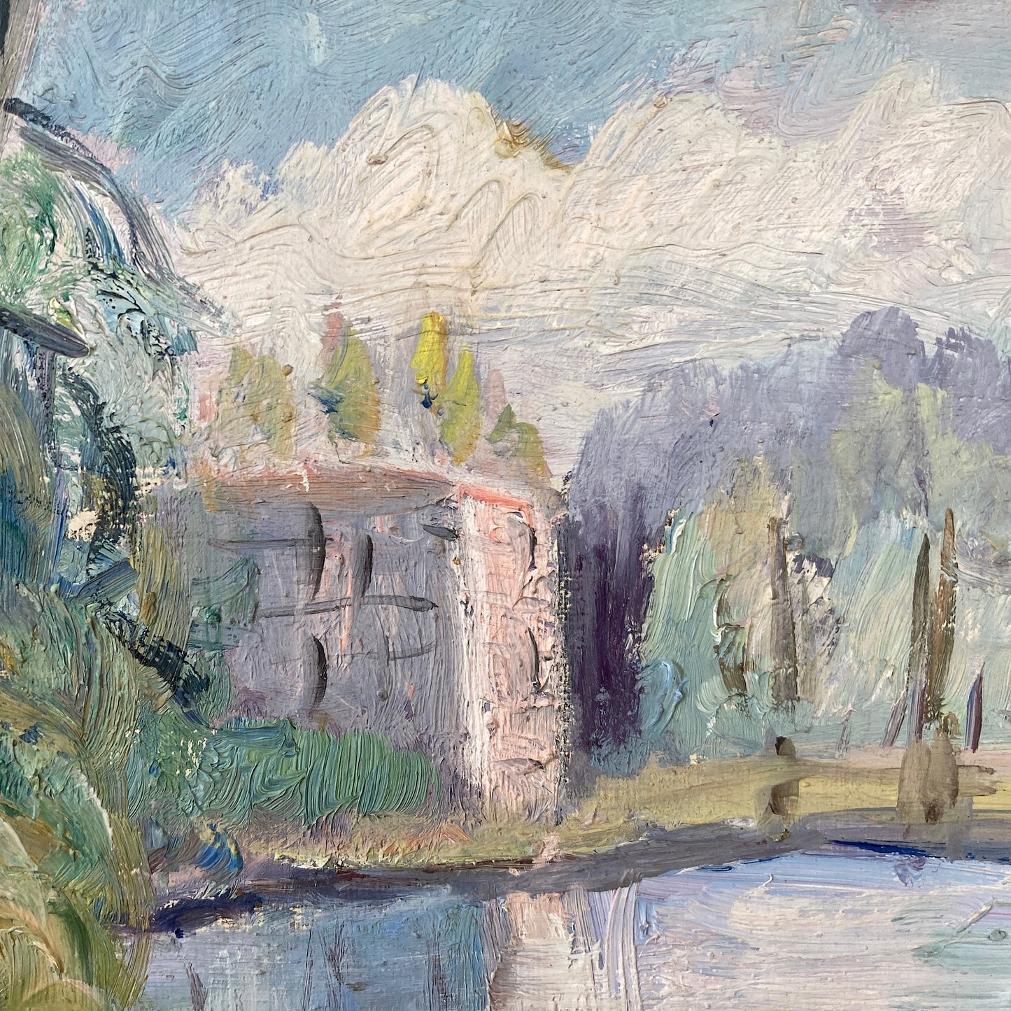 Vintage Small Landscape Framed European Oil Painting - Lakeside View