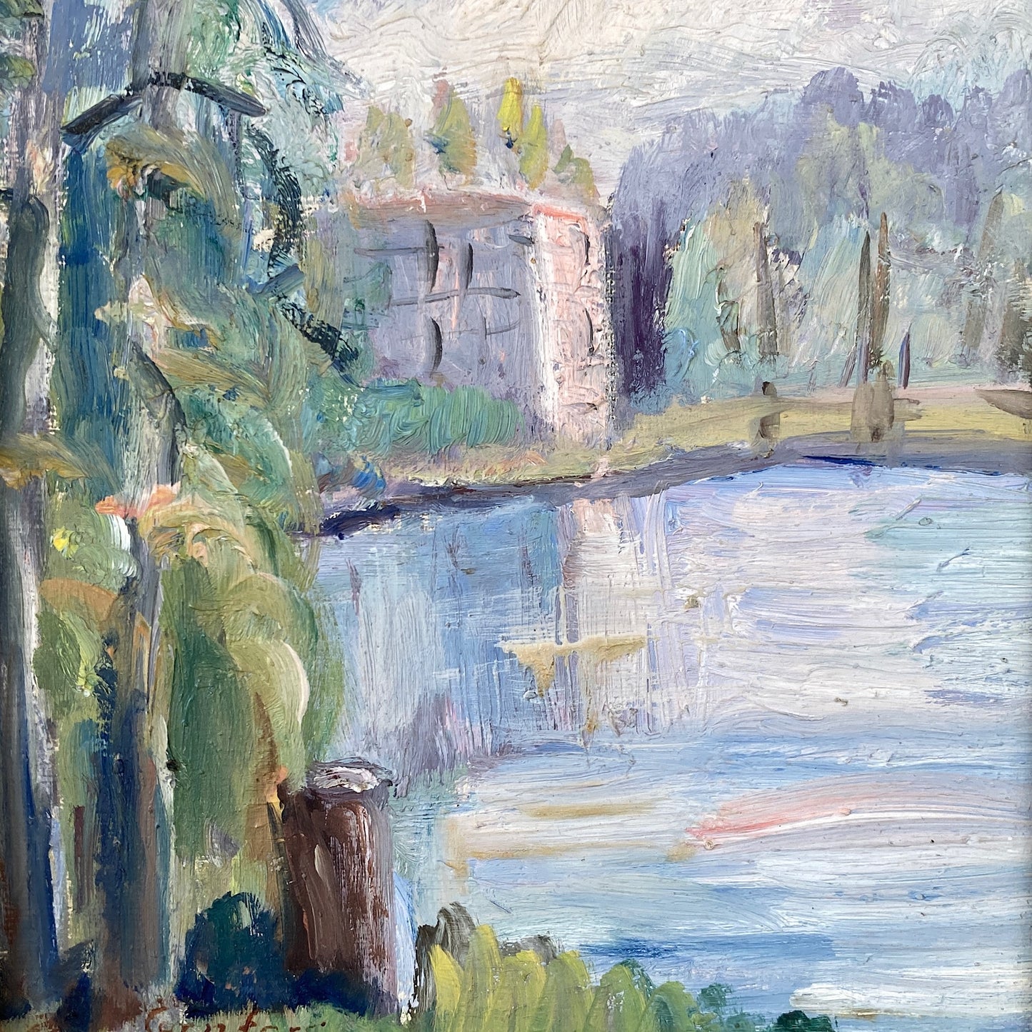 Vintage Small Landscape Framed European Oil Painting - Lakeside View