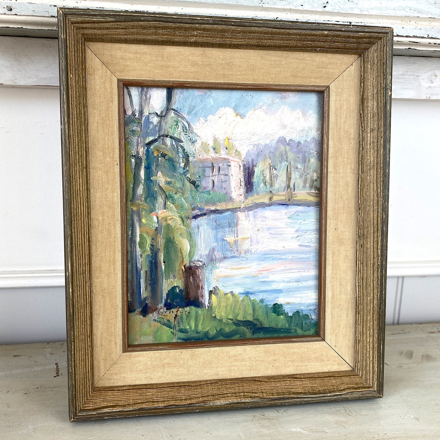 Vintage Small Landscape Framed European Oil Painting - Lakeside View
