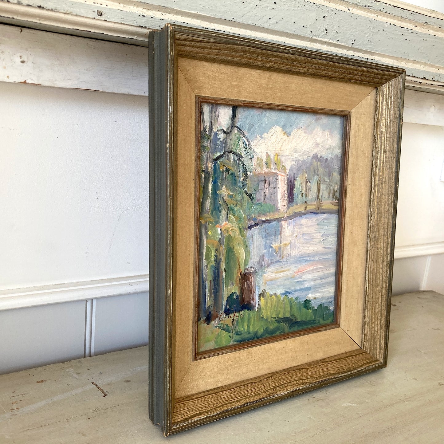 Vintage Small Landscape Framed European Oil Painting - Lakeside View