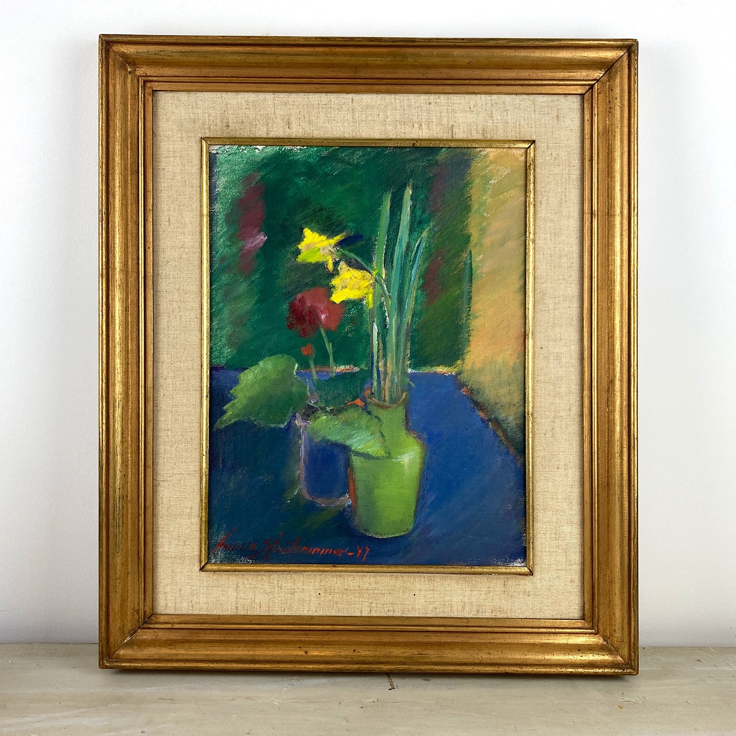 Vintage Impressionist Still Life Oil Painting of Flowers Dated 1947