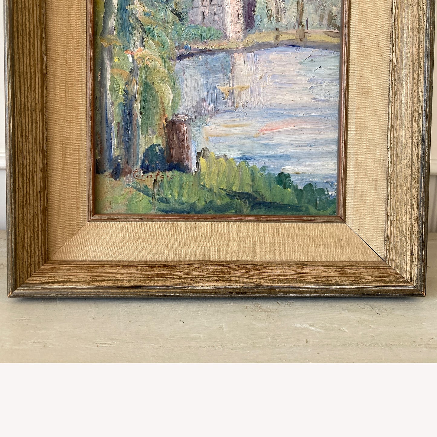 Vintage Small Landscape Framed European Oil Painting - Lakeside View